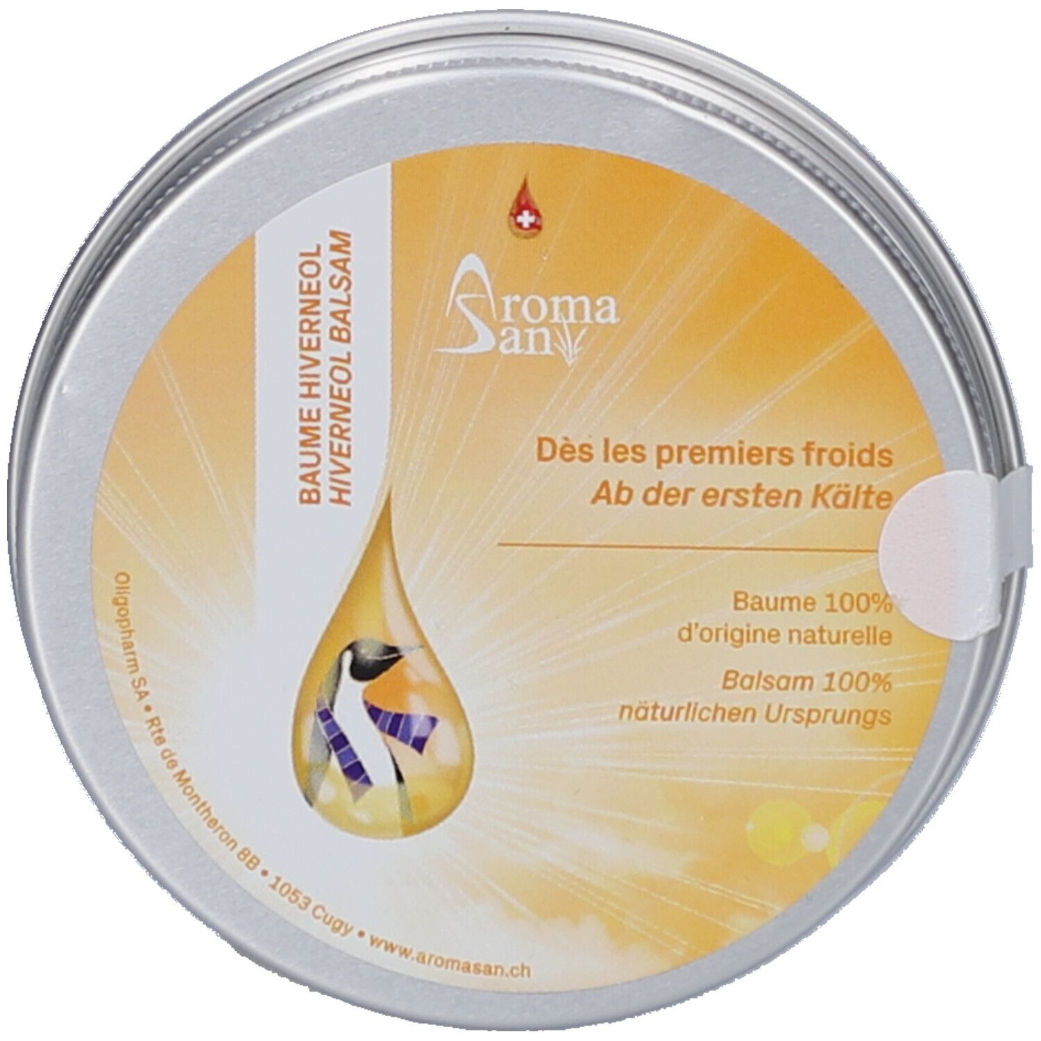 Runde Dose mit gelbem Etikett. Text: Aroma San, Baume Hiverneol, Ab der ersten Kälte. Tropfen-Design mit Bergmotiv.
