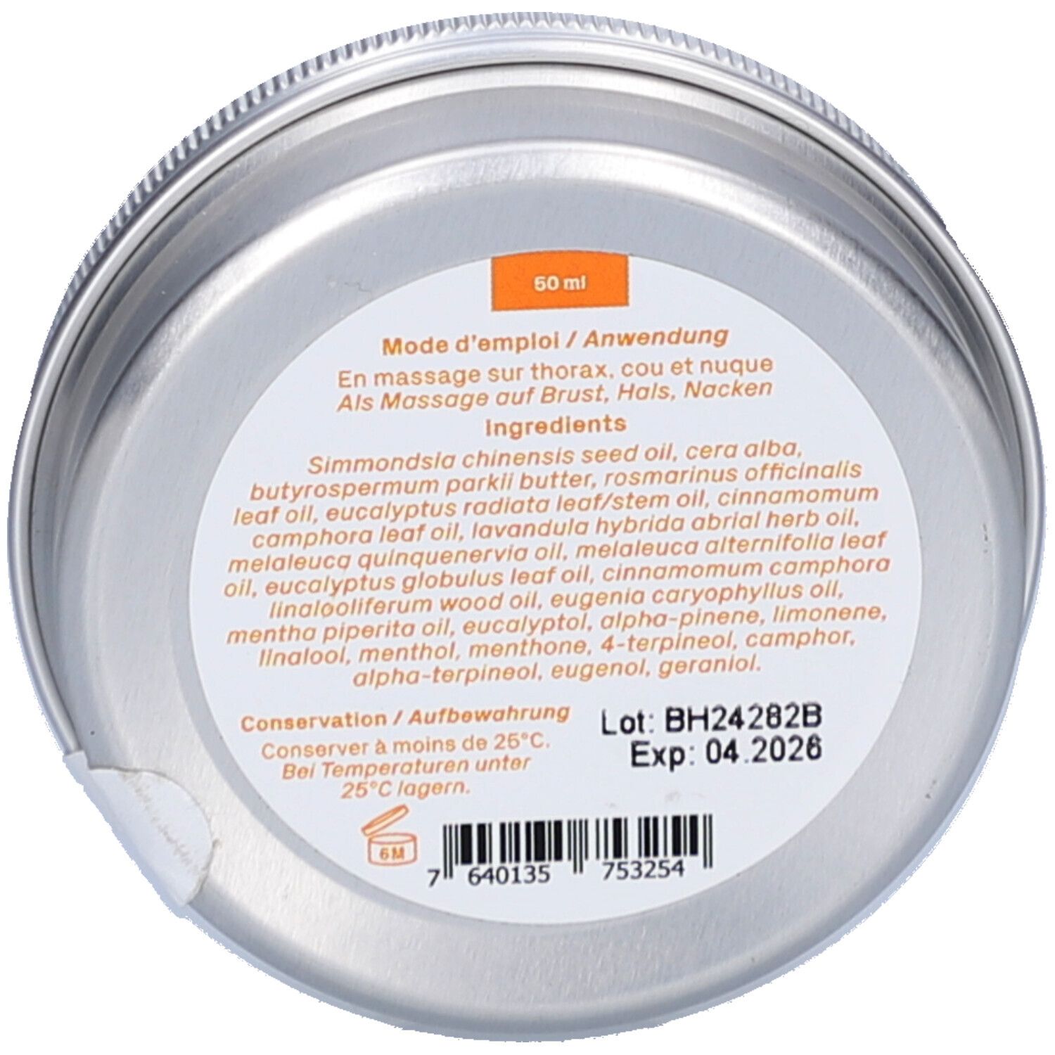 Dosenboden mit Text. Text: 50 ml, Anwendung, Inhaltsstoffe, Aufbewahrung. Chargennummer und Verfallsdatum.