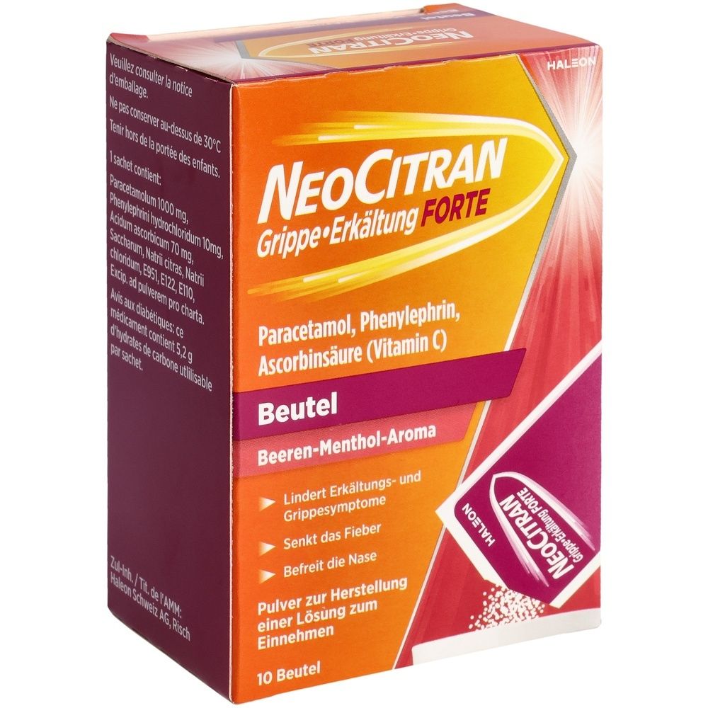 Boîte de NeoCitran Grippe Erkältung FORTE. Carton orange-blanc-rouge avec nom et ingrédients. Contient 10 sachets.
