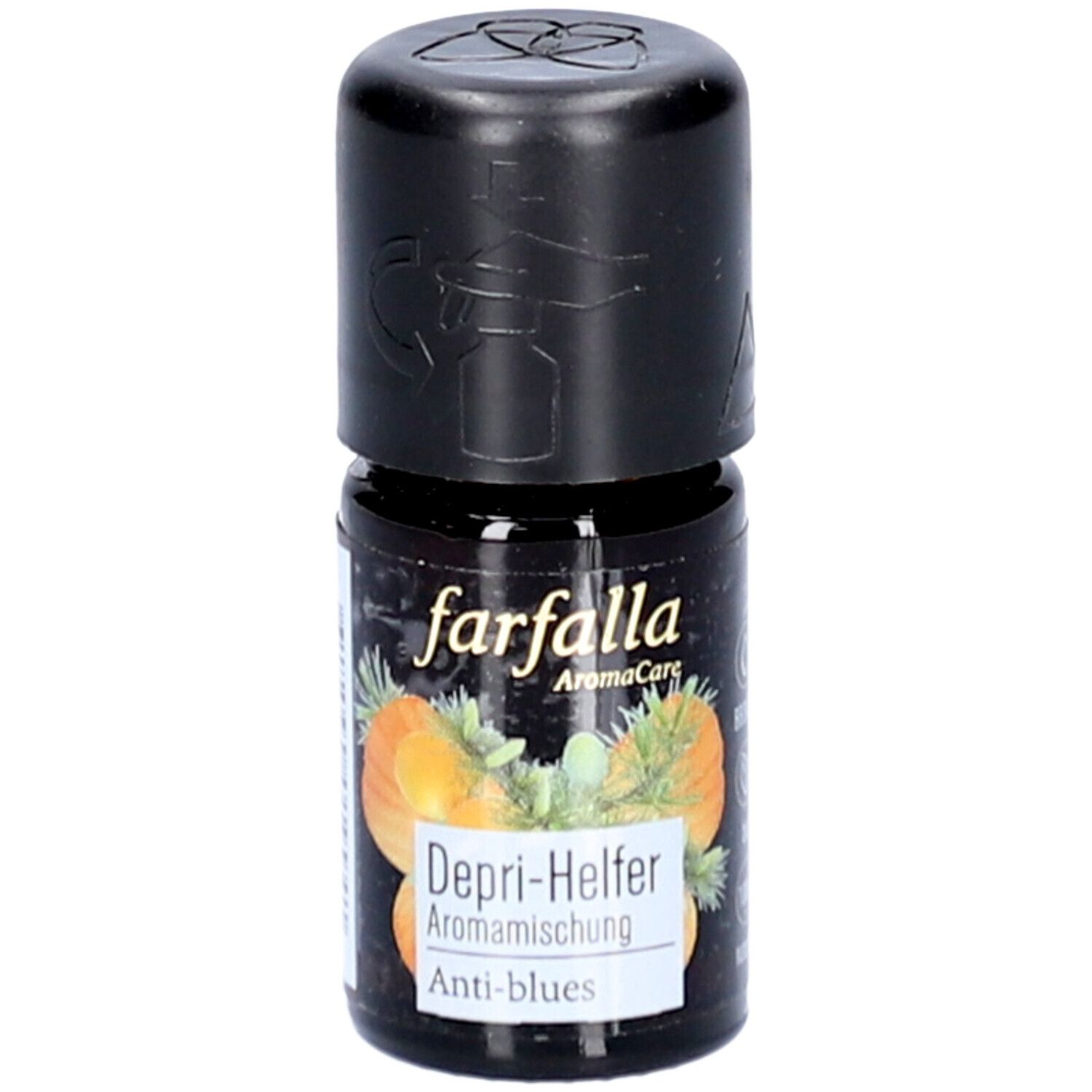 Braune Glasflasche mit schwarzem Deckel. Aufschrift: farfalla, Depri-Helfer, Aromamischung, Anti-blues. Abbildung von Pflanzen.