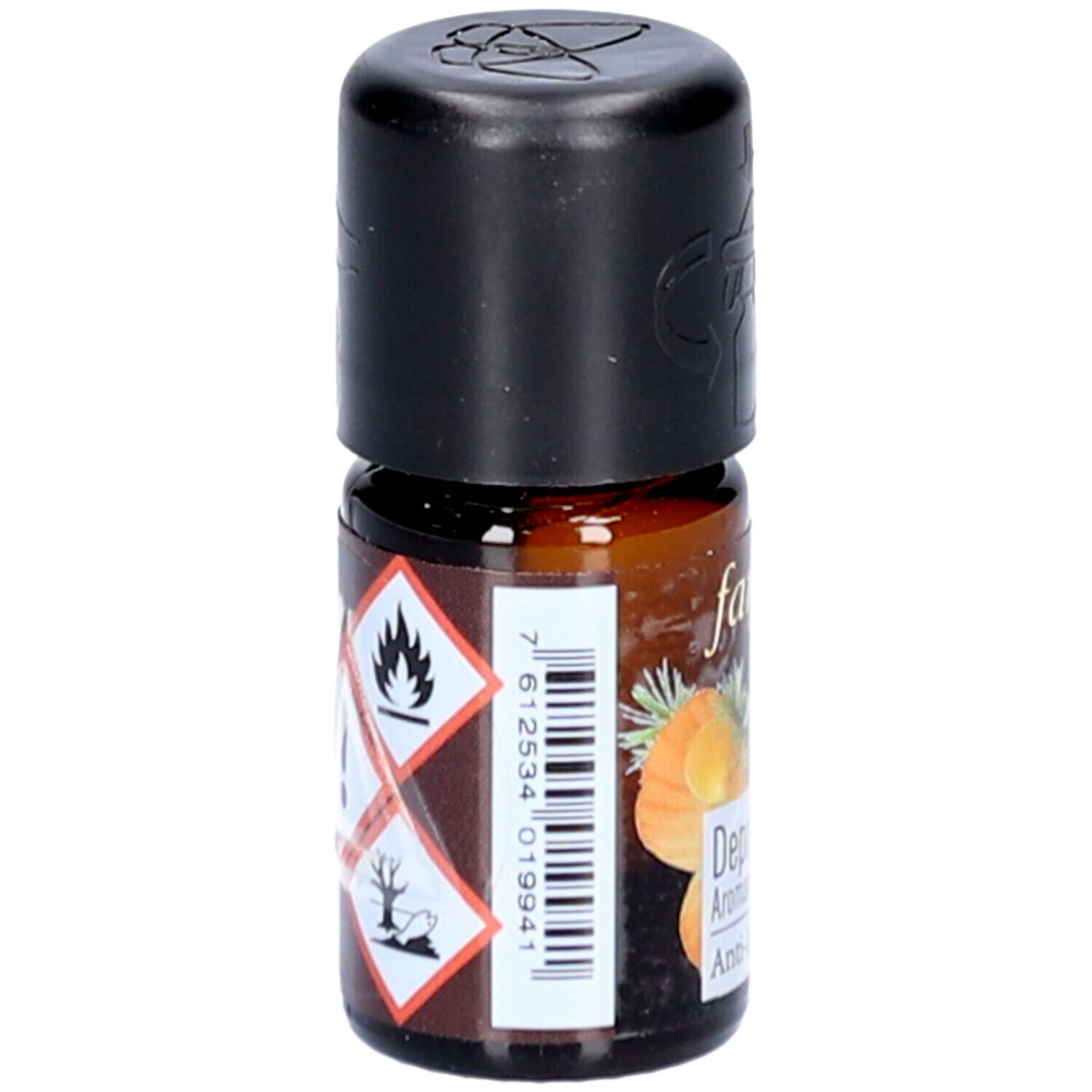 Braune Glasflasche mit schwarzem Deckel. Aufkleber mit Warnsymbolen und Barcode. Aufschrift: farfalla, Depri-Helfer, Aromamischung, Anti-blues.