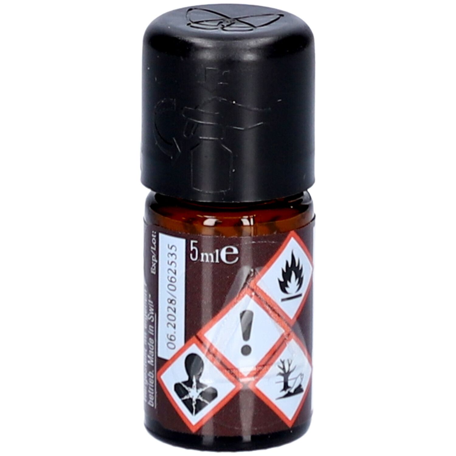 Kleine braune Glasflasche mit schwarzem Deckel. Aufschrift: 5 ml, Warnsymbole. Hergestellt in der Schweiz. Aufschrift: farfalla, Depri-Helfer, Aromamischung.