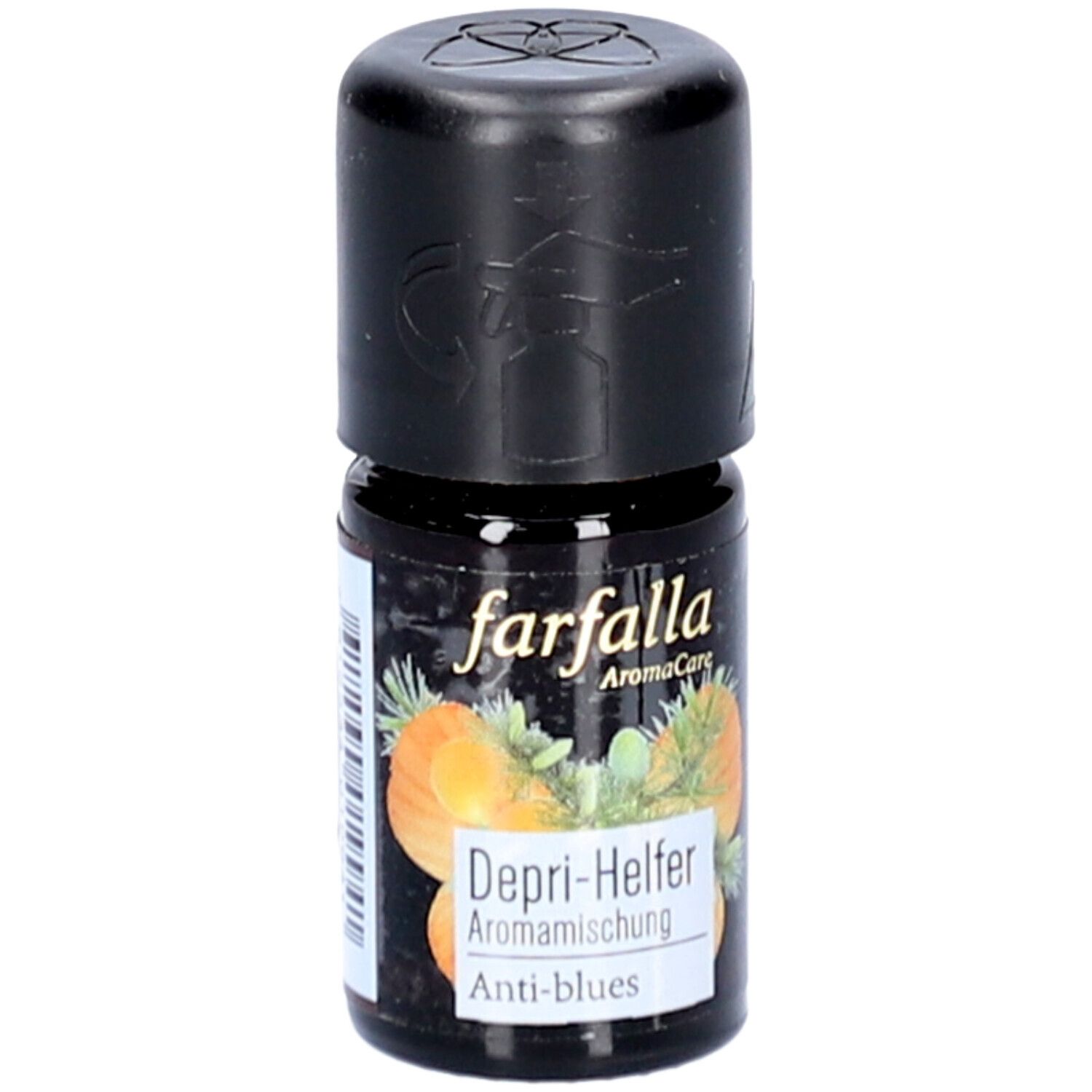 Braune Glasflasche mit schwarzem Deckel. Aufschrift: farfalla, Depri-Helfer, Aromamischung, Anti-blues. Abbildung von Pflanzen. Bio-Siegel.