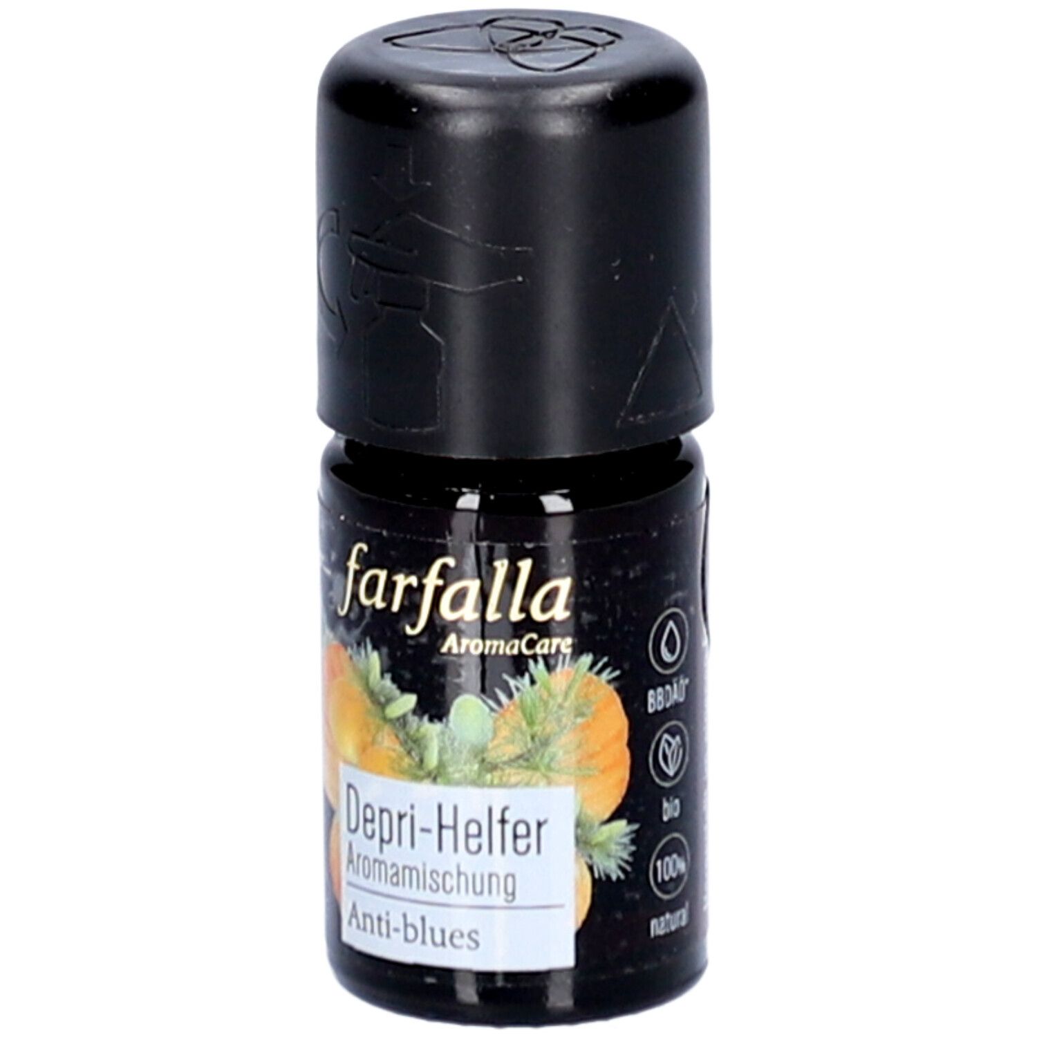 Braune Glasflasche mit schwarzem Deckel. Aufschrift: farfalla, Depri-Helfer, Aromamischung, Anti-blues. Bio-Siegel. 100% natural.