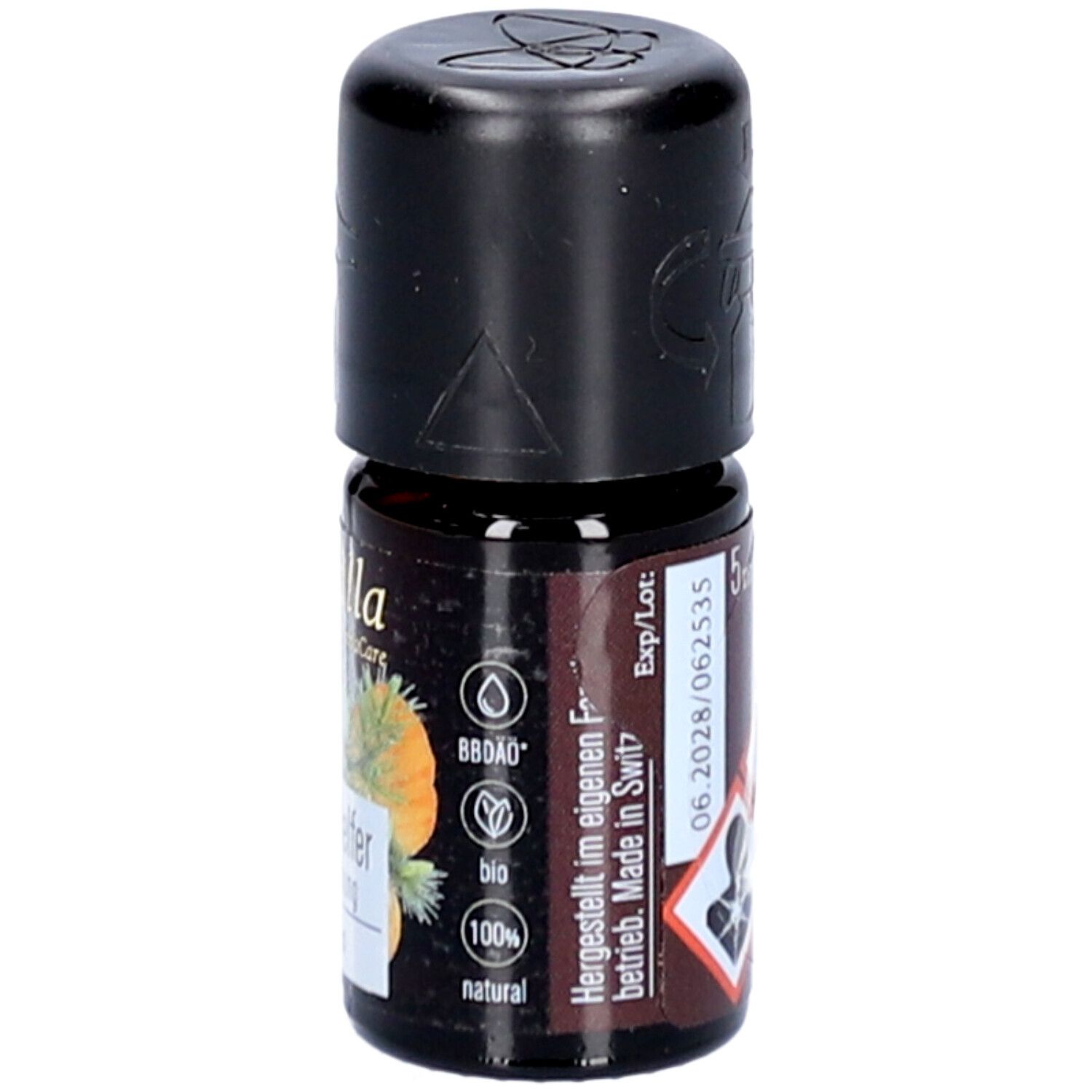 Kleine braune Glasflasche mit schwarzem Deckel. Aufschrift: 5 ml, Hergestellt in der Schweiz. Bio-Siegel. Aufschrift: farfalla, Depri-Helfer, Aromamischung.