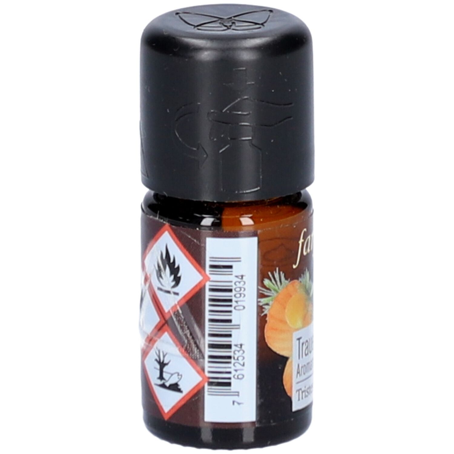 Braune Glasflasche mit schwarzem Deckel. Etikett mit Warnsymbolen und Barcode.