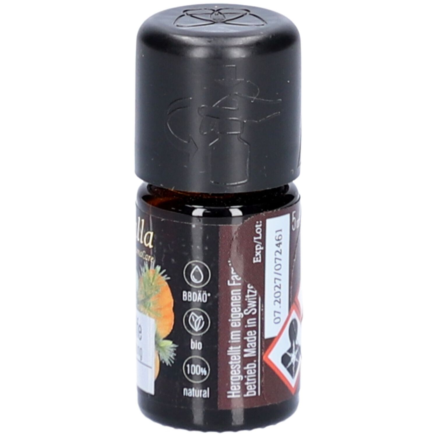 Braune Glasflasche mit schwarzem Deckel. Etikett mit Logo, Bio-Siegel und Warnsymbolen.