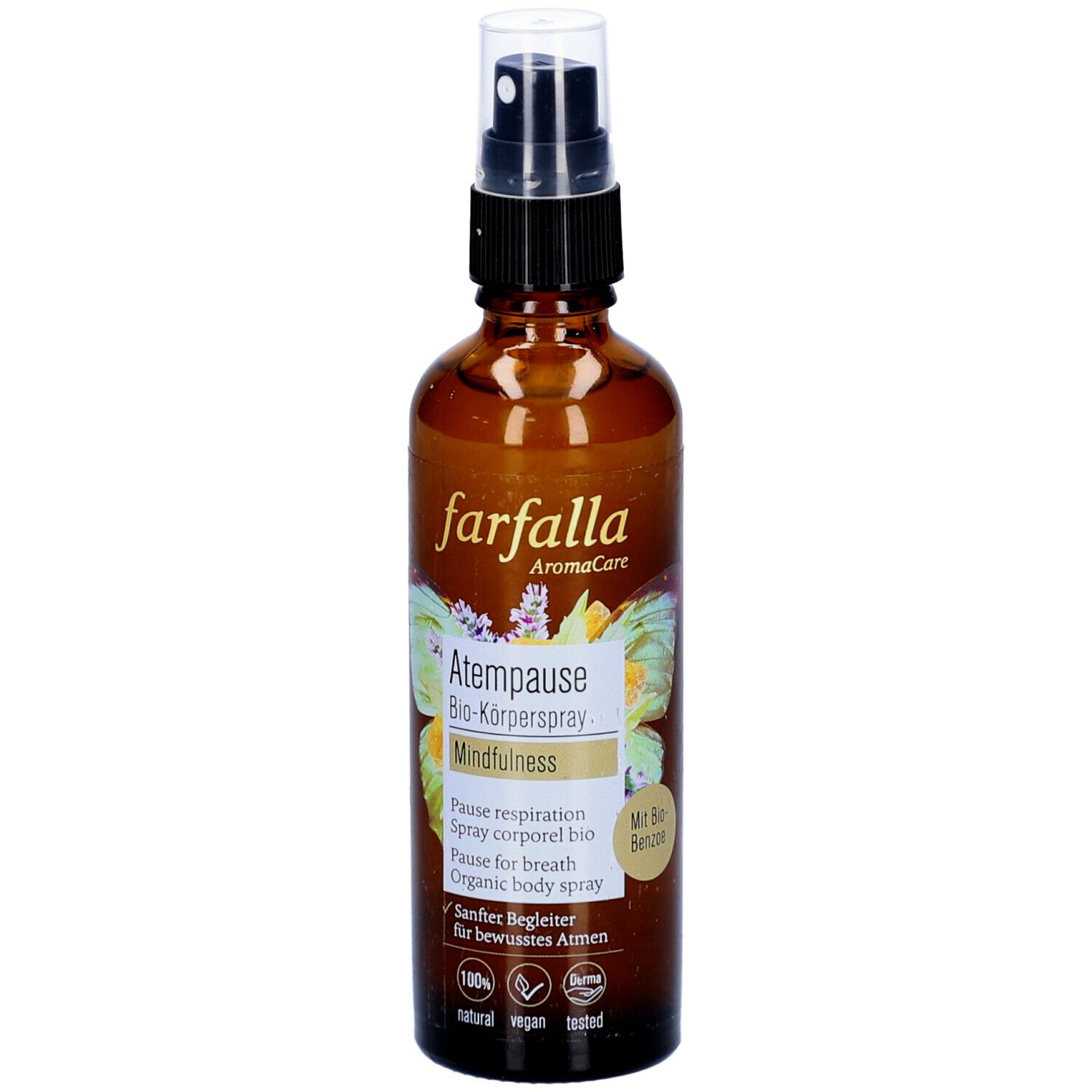 Flacon en verre brun avec vaporisateur. Inscription : Farfalla, Pause pour le souffle, Mindfulness. Avec benjoin bio.