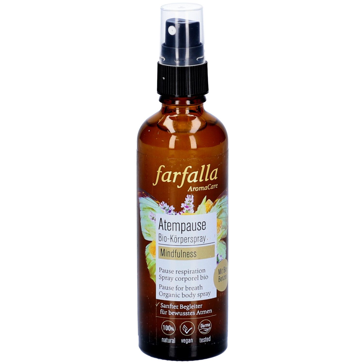 Flacon en verre brun avec vaporisateur. Inscription : Farfalla, Pause pour le souffle, Mindfulness. Avec benjoin bio.