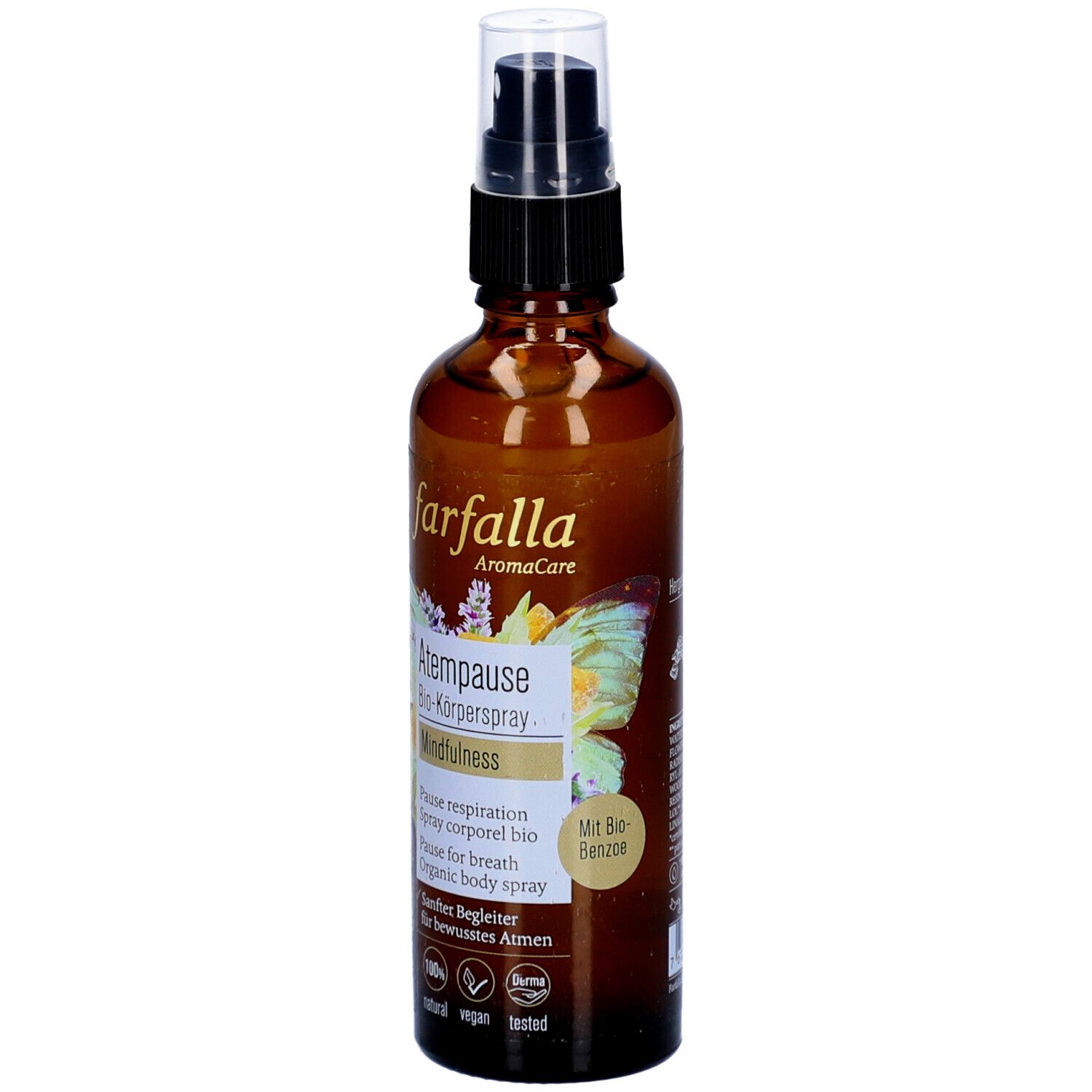 Flacon en verre brun avec vaporisateur. Inscription : Farfalla, Pause pour le souffle, Mindfulness. Avec benjoin bio.