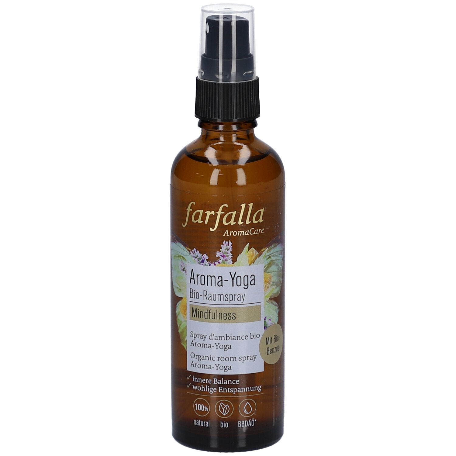 Braune Glasflasche mit Zerstäuber. Aufschrift: farfalla, Aroma-Yoga, Mindfulness. Mit Bio-Siegel und weiteren Logos.