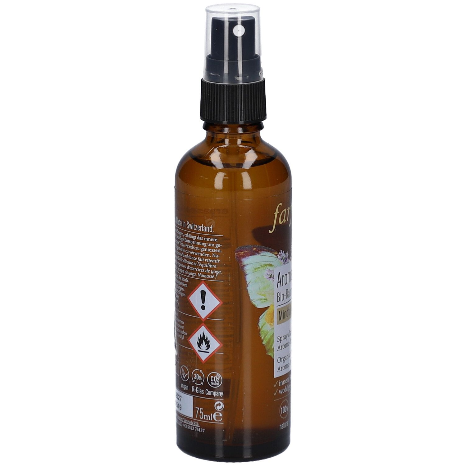 Braune Glasflasche mit Zerstäuber. Rückseite mit Text und Gefahrensymbolen. Aufschrift: 75ml.