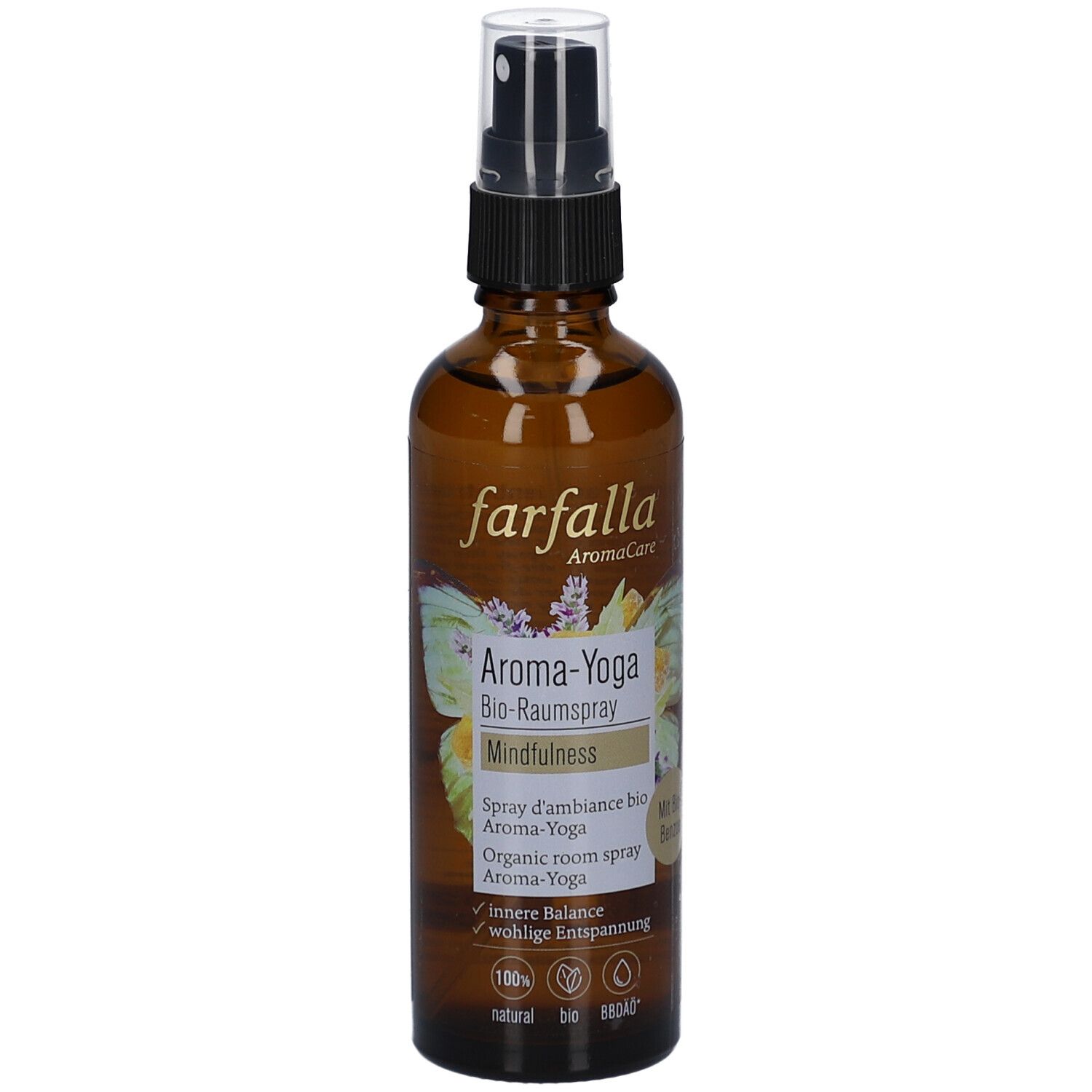Braune Glasflasche mit Zerstäuber. Aufschrift: farfalla, Aroma-Yoga, Mindfulness. Mit Bio-Siegel und weiteren Logos.