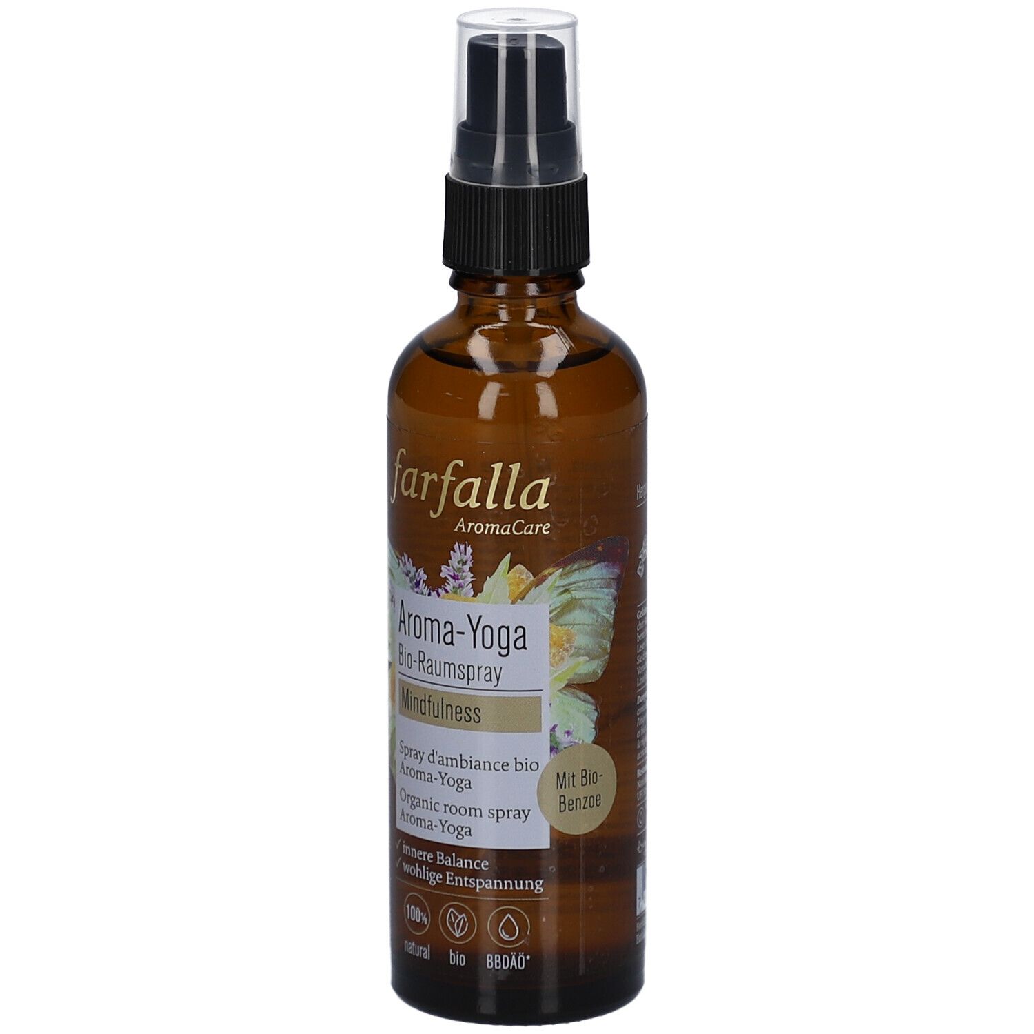 Braune Glasflasche mit Zerstäuber. Aufschrift: farfalla, Aroma-Yoga, Mindfulness. Mit Bio-Siegel und weiteren Logos.