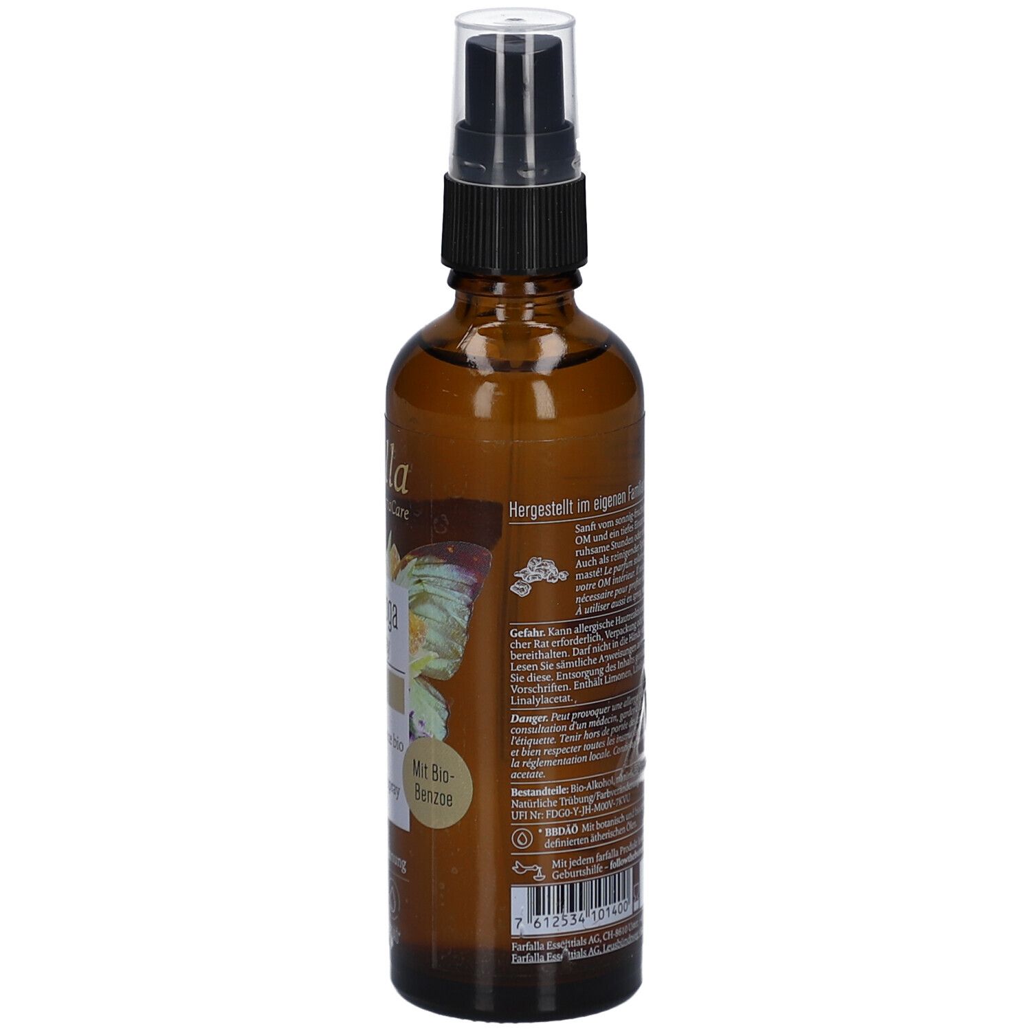 Braune Glasflasche mit Zerstäuber. Rückseite mit Text und Gefahrensymbolen. Aufschrift: 75ml.