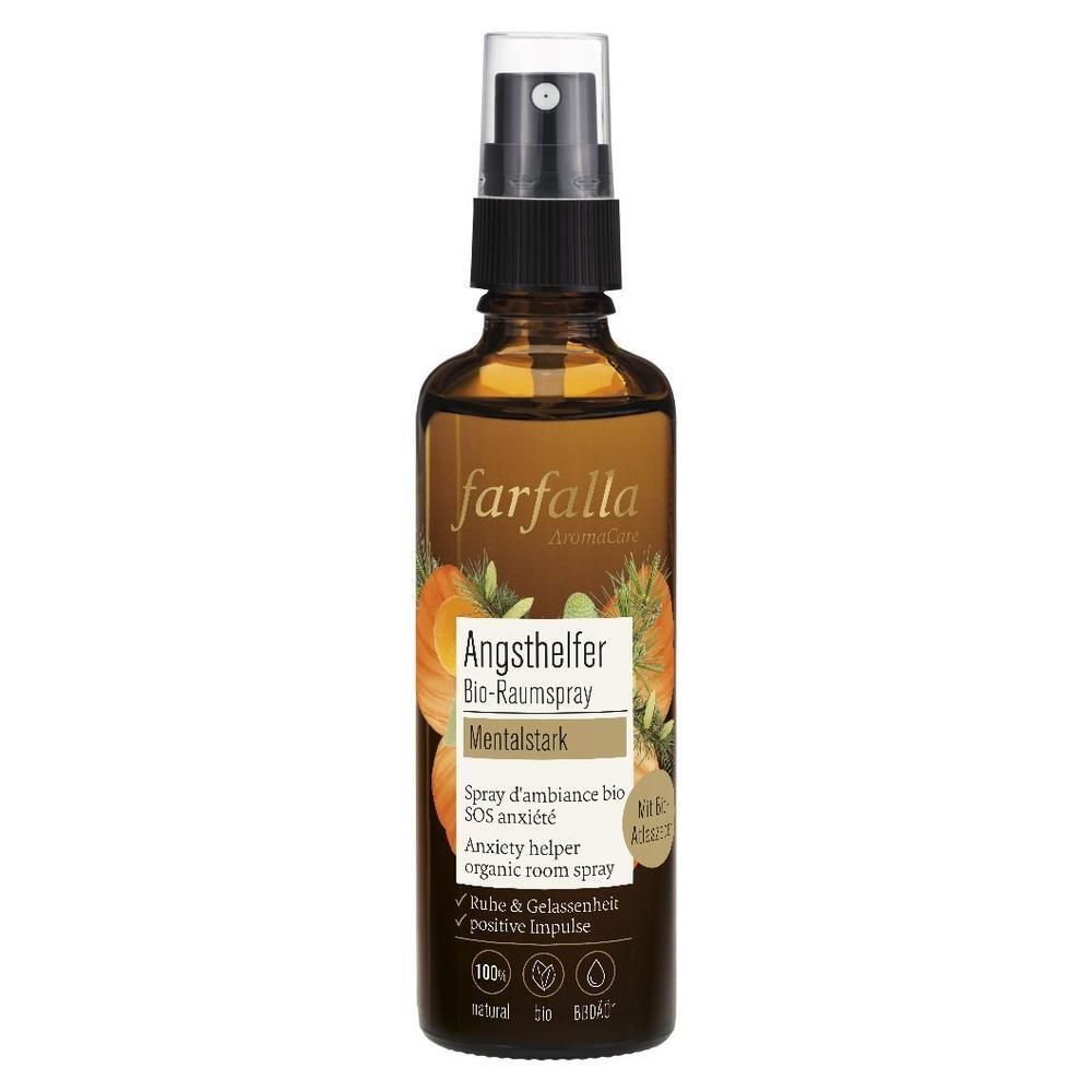Braune Glasflasche mit Sprühkopf. Aufschrift: farfalla, Angsthelfer Bio-Raumspray, Mentalstark. Etikett mit Text und Logos.