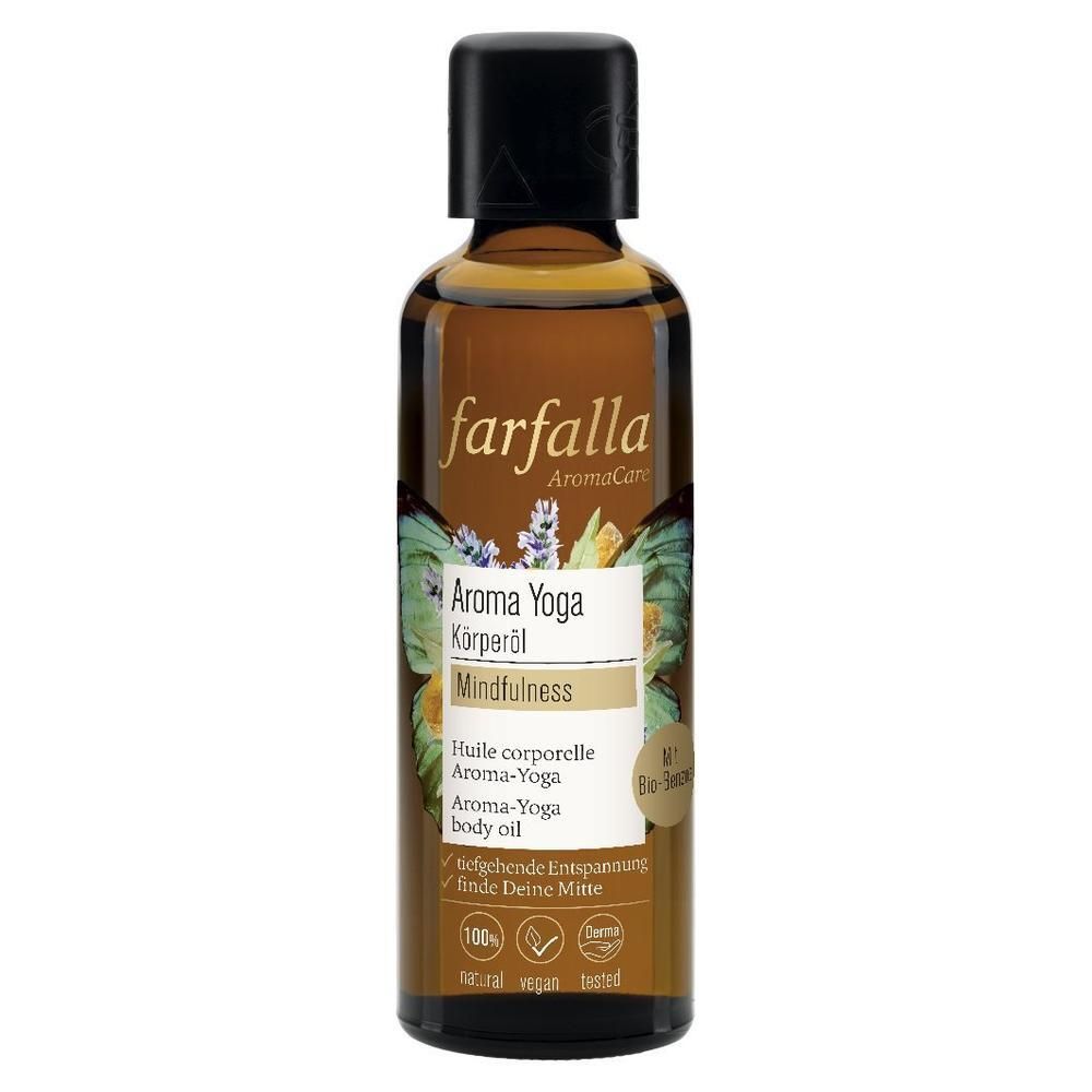 Flacon en verre brun avec bouchon noir. Inscription: Farfalla Aroma Yoga Körperöl. Étiquette avec motif floral et texte.