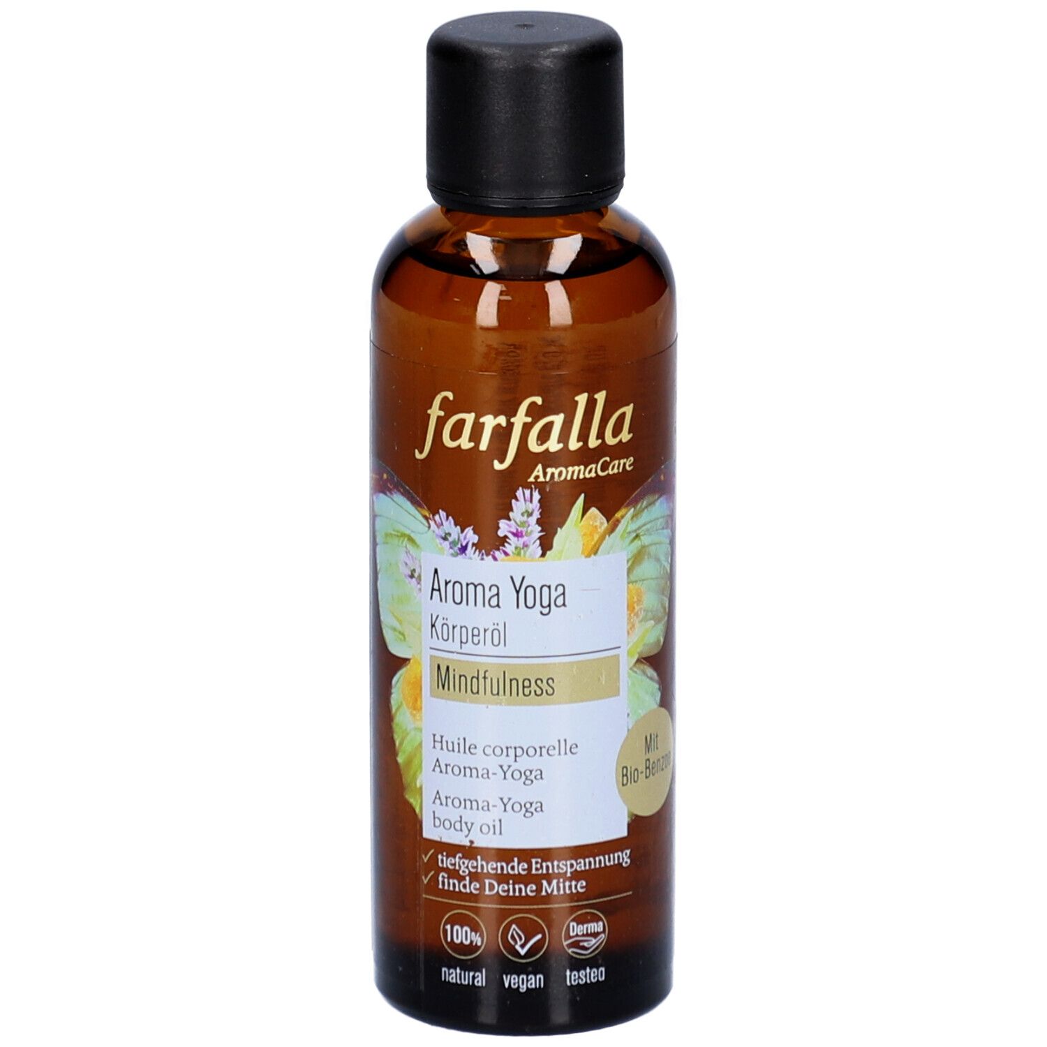 Flacon en verre brun avec bouchon noir. Étiquette avec nom du produit, marque Farfalla et Aroma Yoga. Vegan, naturel.