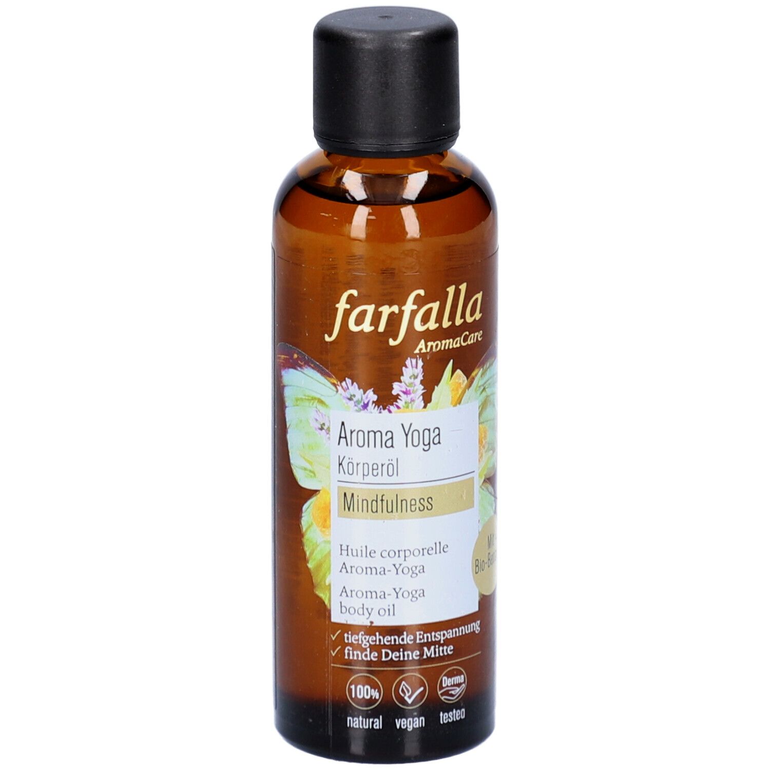 Flacon en verre brun avec bouchon noir. Étiquette avec nom du produit, marque Farfalla et Aroma Yoga. Vegan, naturel.
