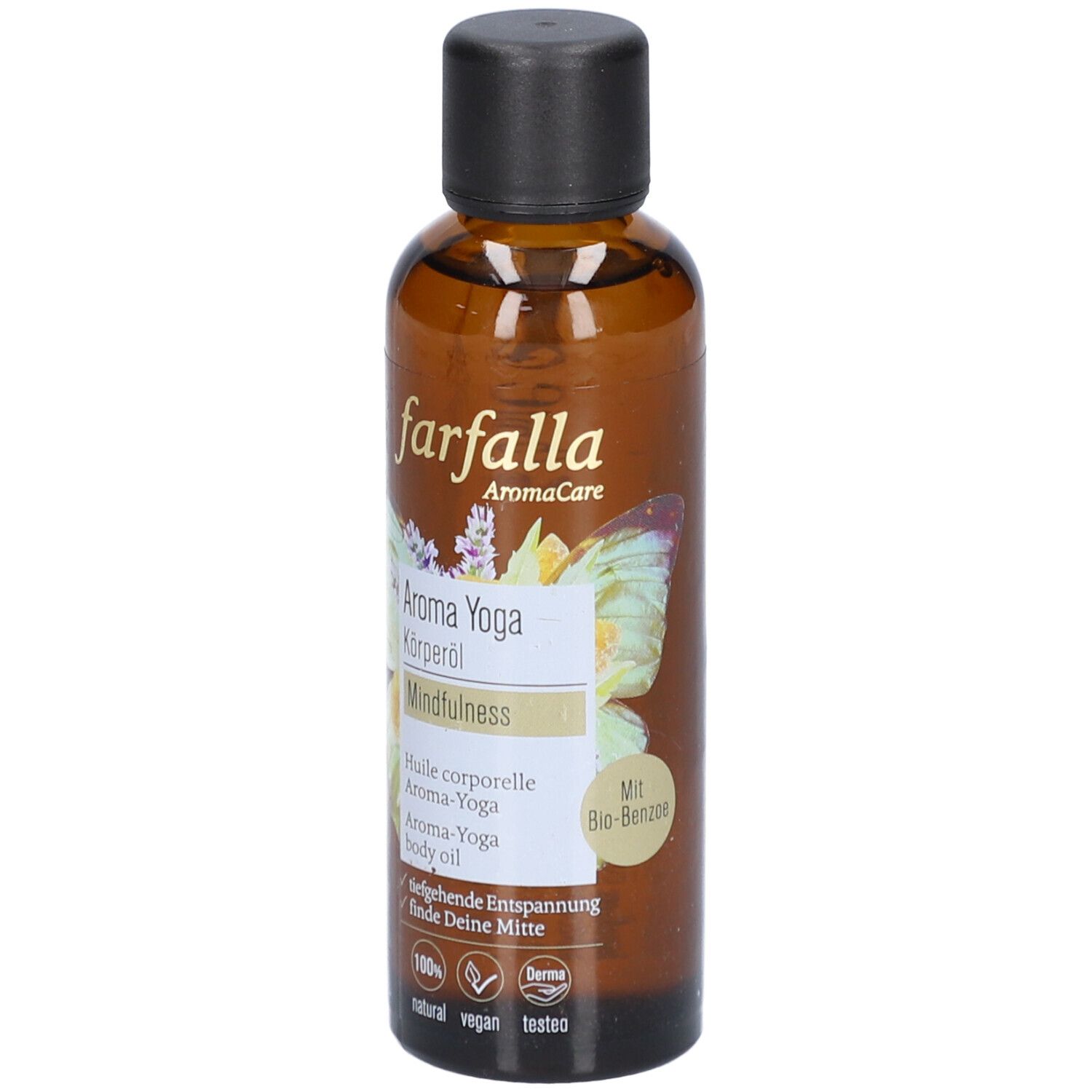 Flacon en verre brun avec bouchon noir. Étiquette avec nom du produit, marque Farfalla et Aroma Yoga. Vegan, naturel.