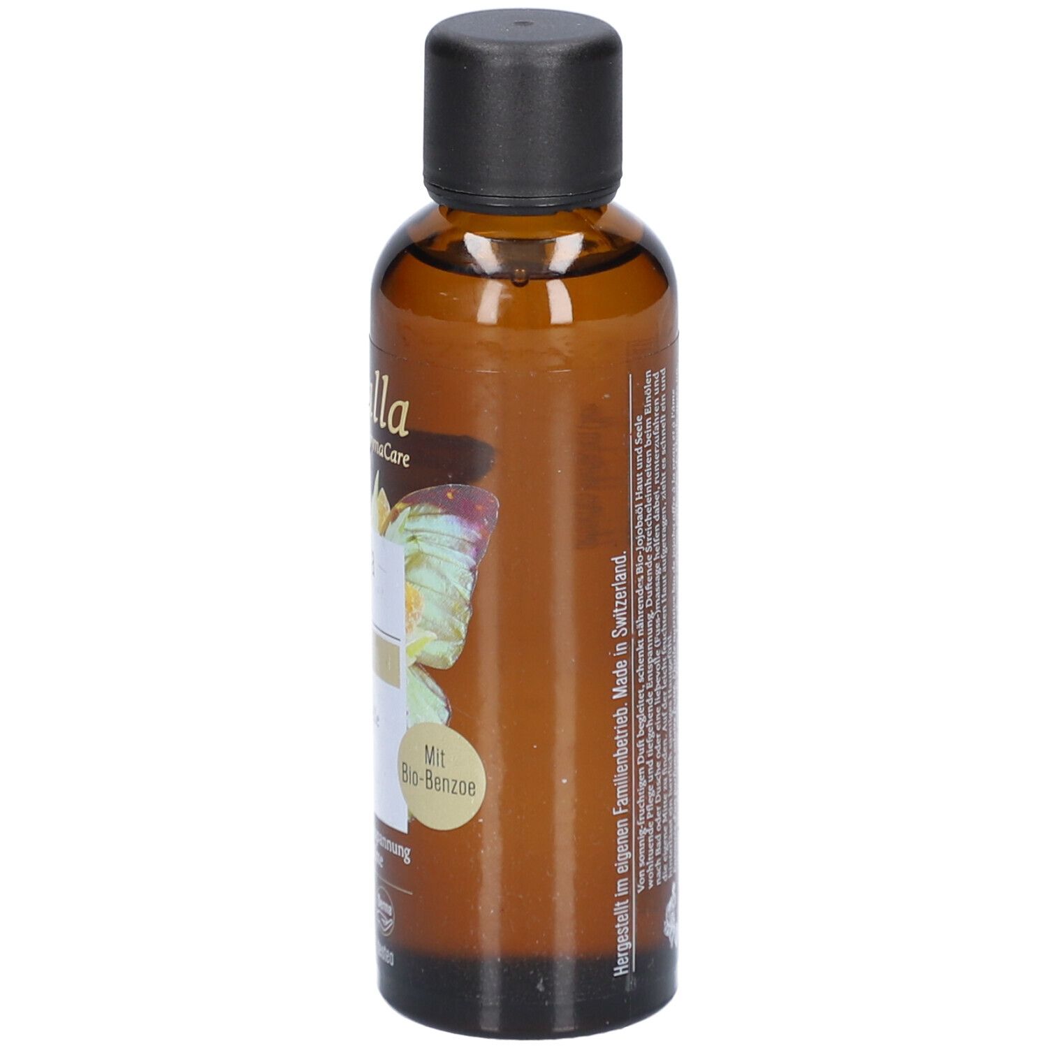 Flacon en verre brun avec bouchon noir. Étiquette avec nom du produit, marque Farfalla et Aroma Yoga. Vegan, naturel.