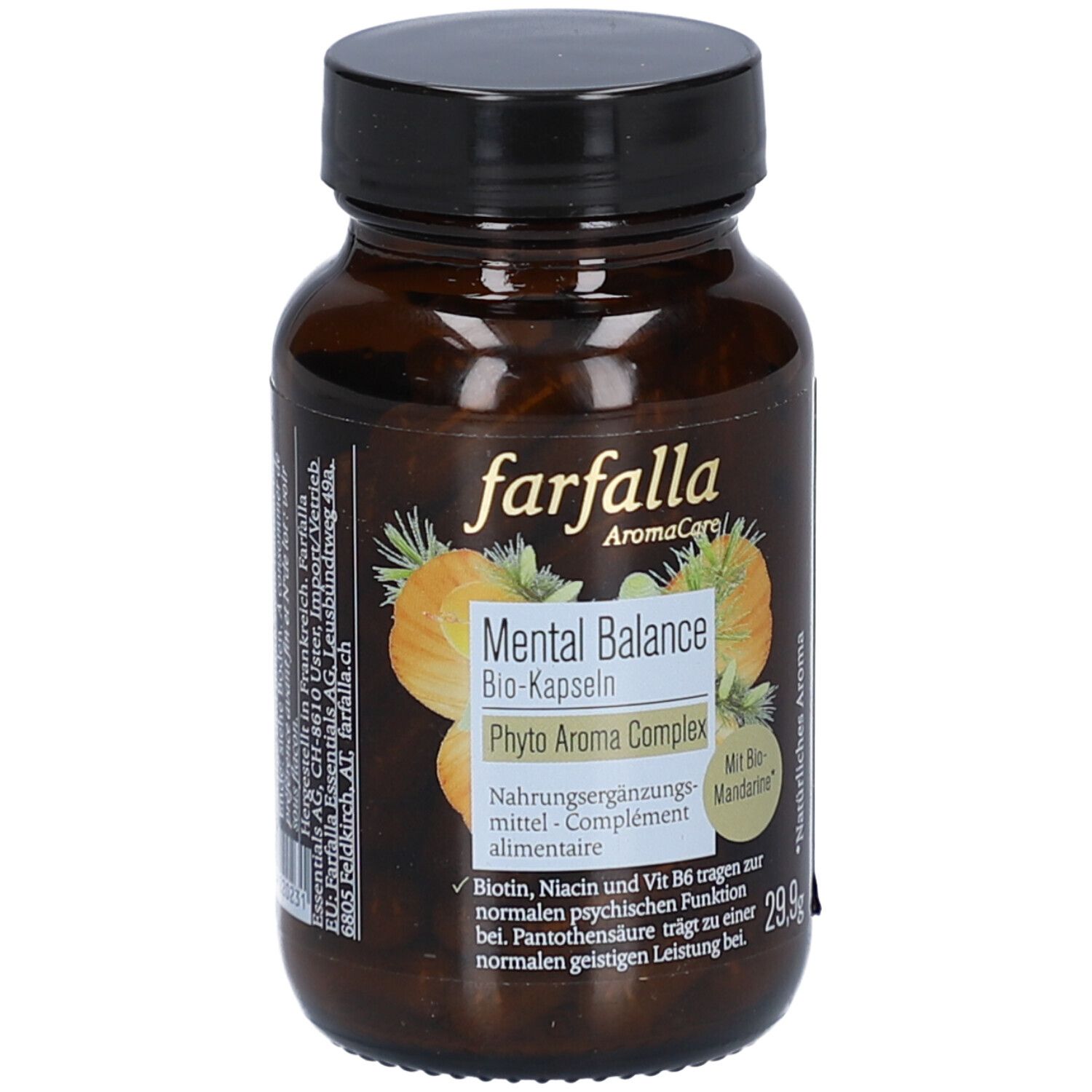 Flacon en verre brun avec bouchon noir. Étiquette avec nom du produit, illustration de mandarine et texte. "Mental Balance Bio-Kapseln".
