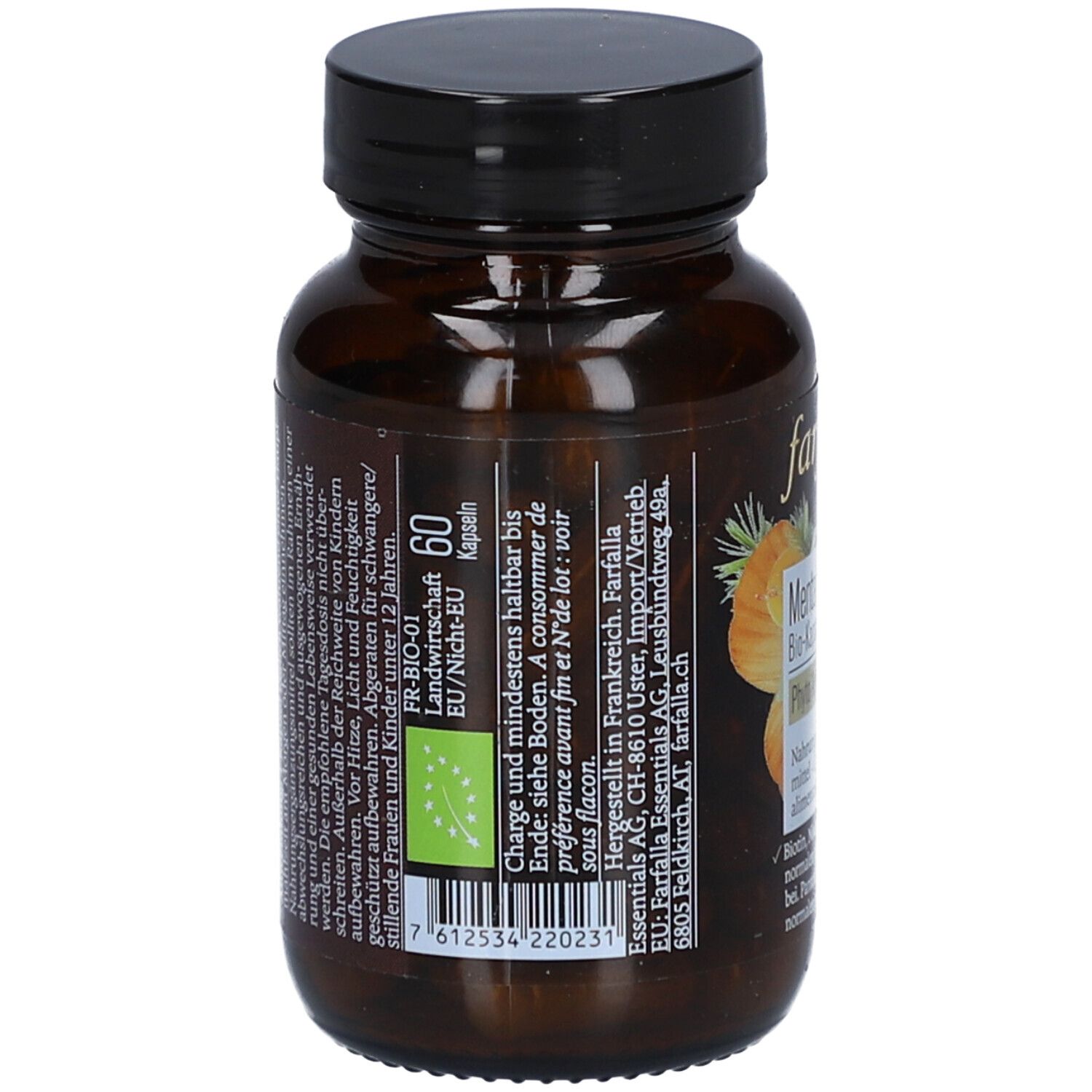 Dos du flacon en verre brun avec bouchon noir. Texte et label bio UE. Contient 60 gélules.
