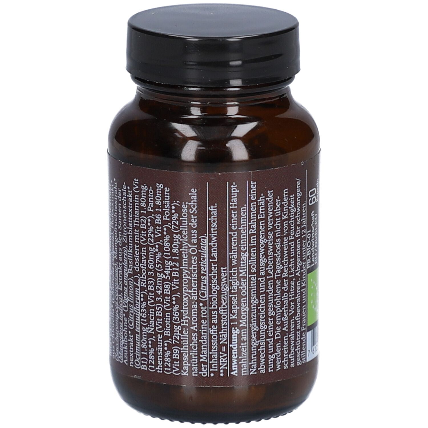 Flacon en verre brun avec bouchon noir. Vue détaillée des ingrédients et des informations nutritionnelles. Texte.