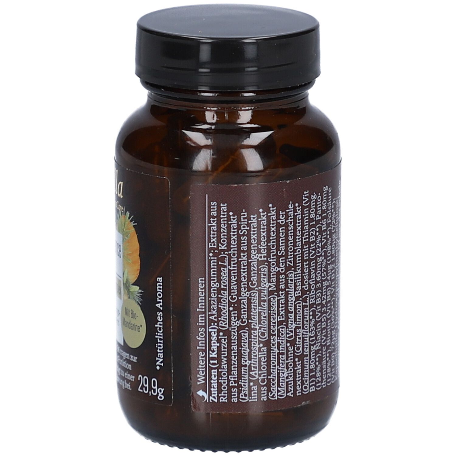 Flacon en verre brun avec bouchon noir. Étiquette avec nom du produit, illustration de mandarine et texte. "Mental Balance Bio-Kapseln".