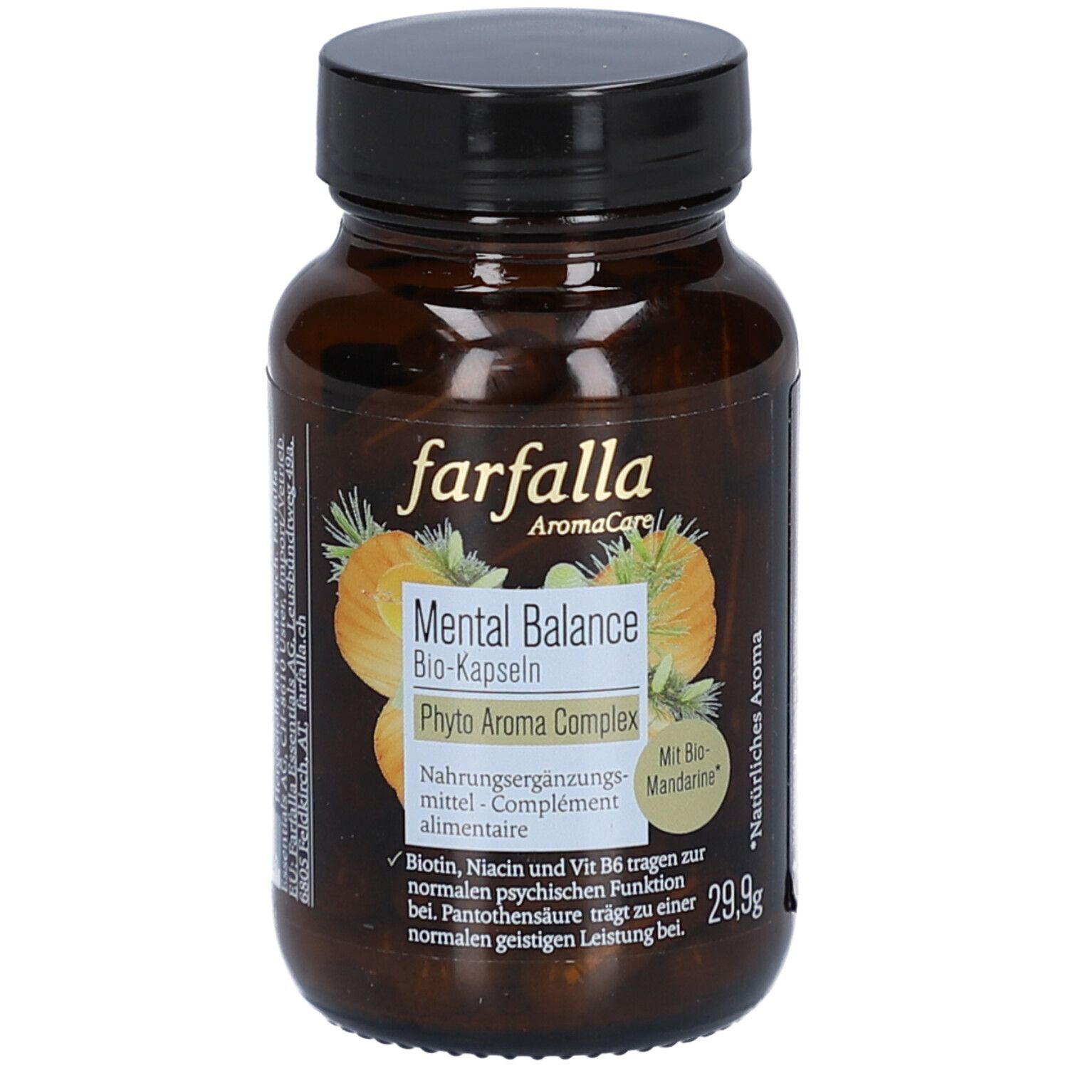 Flacon en verre brun avec bouchon noir. Étiquette avec nom du produit, illustration de mandarine et texte. "Mental Balance Bio-Kapseln".