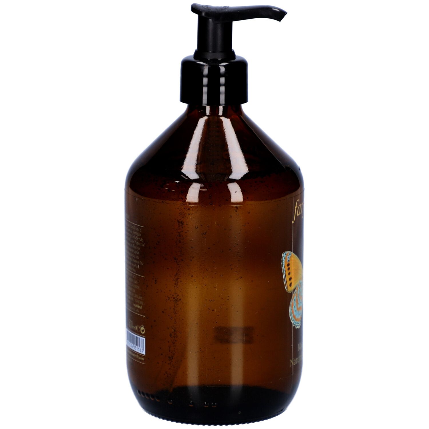 Flacon brun avec pompe noire, vue latérale. Aucun autre détail visible.