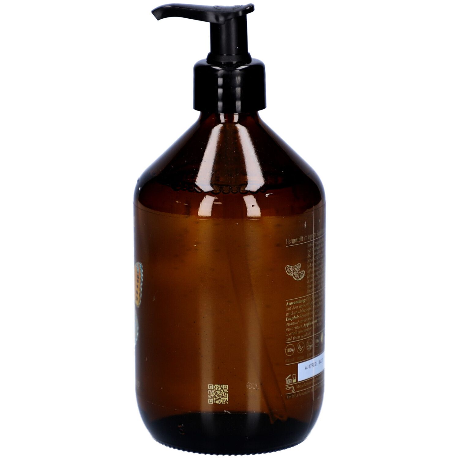 Flacon brun avec pompe noire. Dos avec texte. Code QR et autres informations.