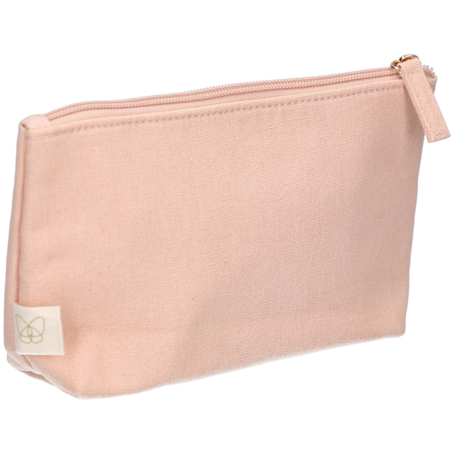 Rosa Kosmetiktasche mit Reißverschluss. Stoff, rechteckig, mit Etikett.