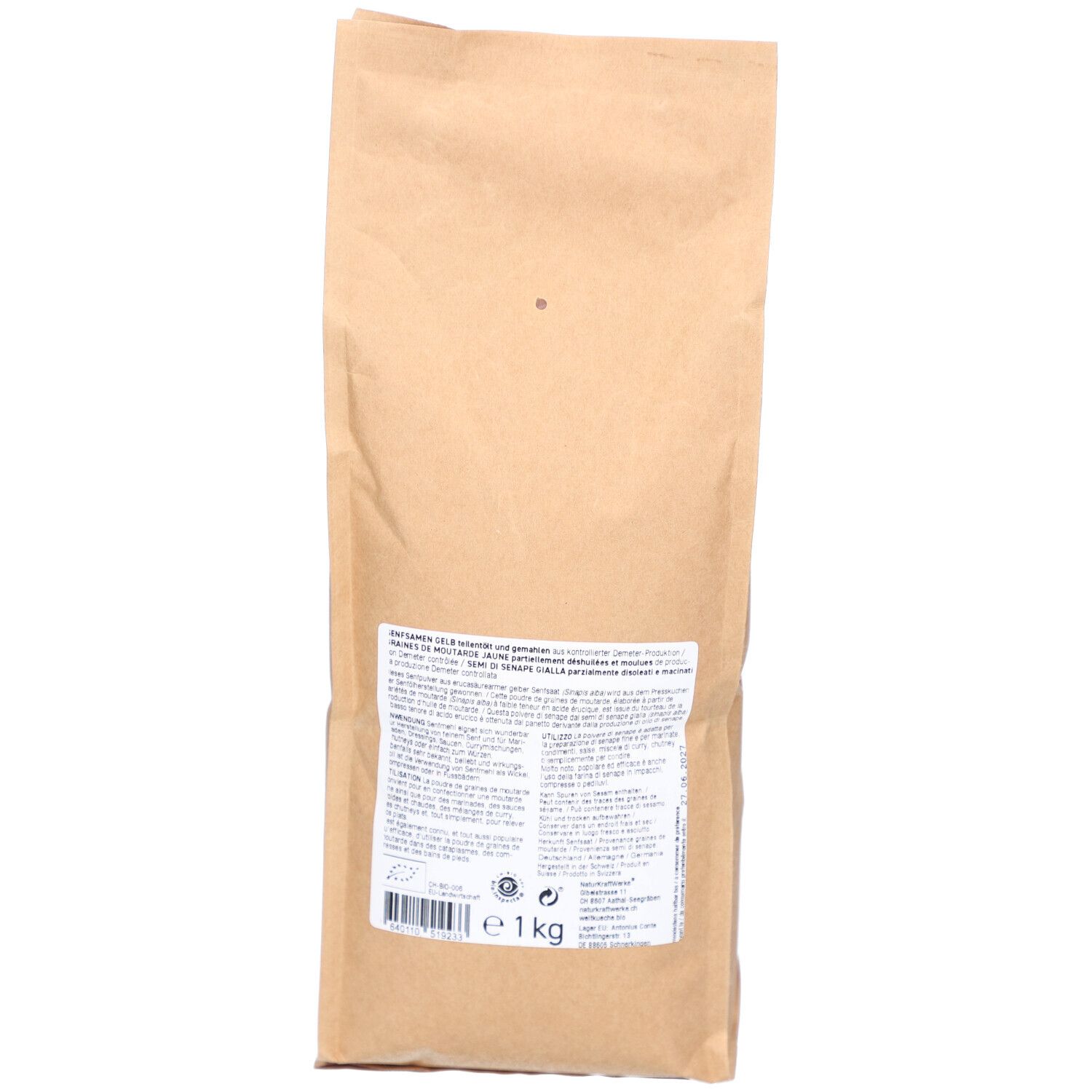 Rückseite der braunen Papiertüte. Text, Barcode und Demeter-Siegel. Angabe: 1 kg.