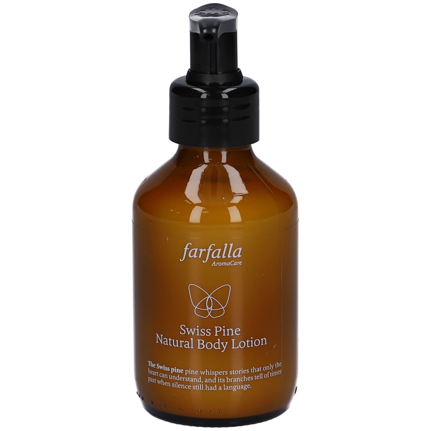 Braune Flasche mit schwarzem Pumpkopf. Aufschrift: Farfalla, Swiss Pine Natural Body Lotion. Produktetikett mit Text und Logo.