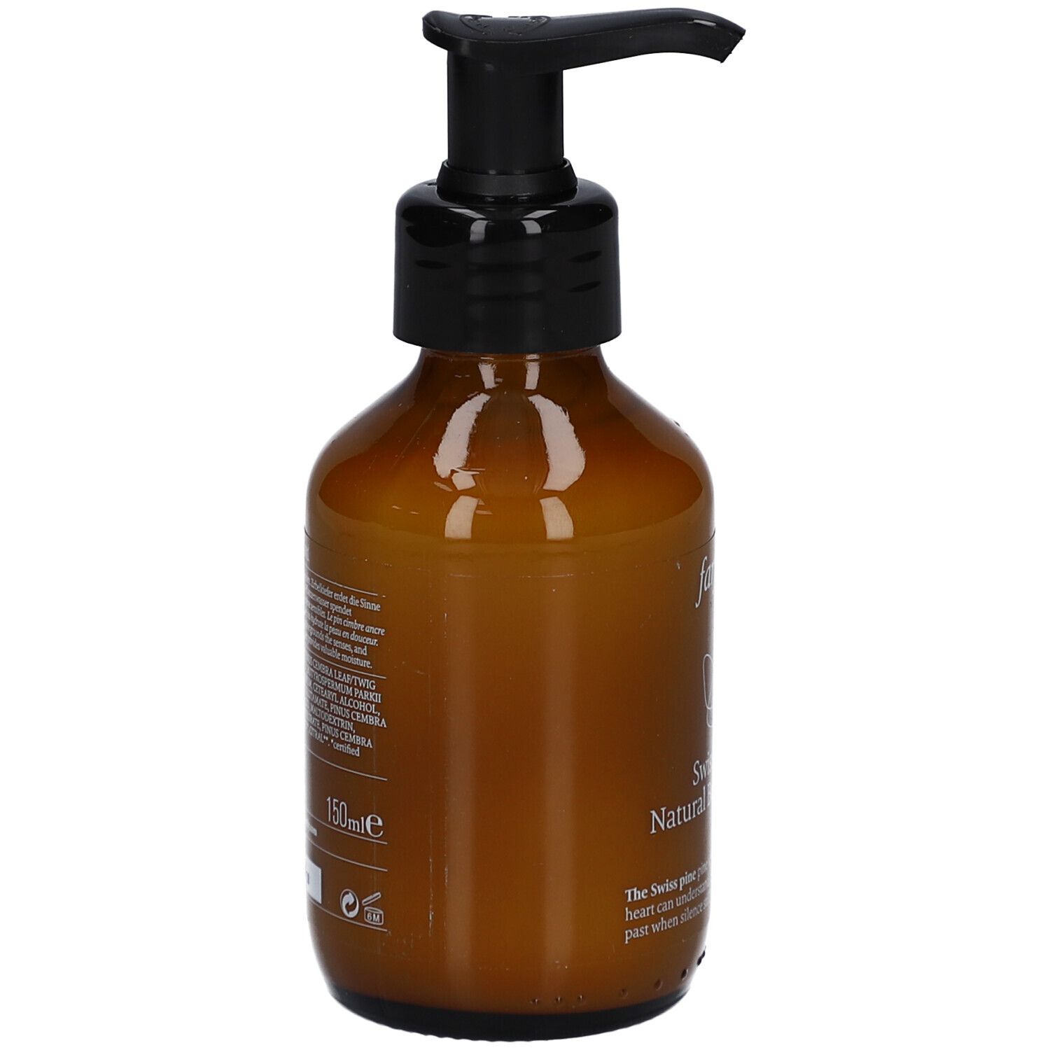 Braune Flasche mit schwarzem Pumpkopf. Seitenansicht. Text auf Etikett, darunter 150ml. Produktetikett mit Text.