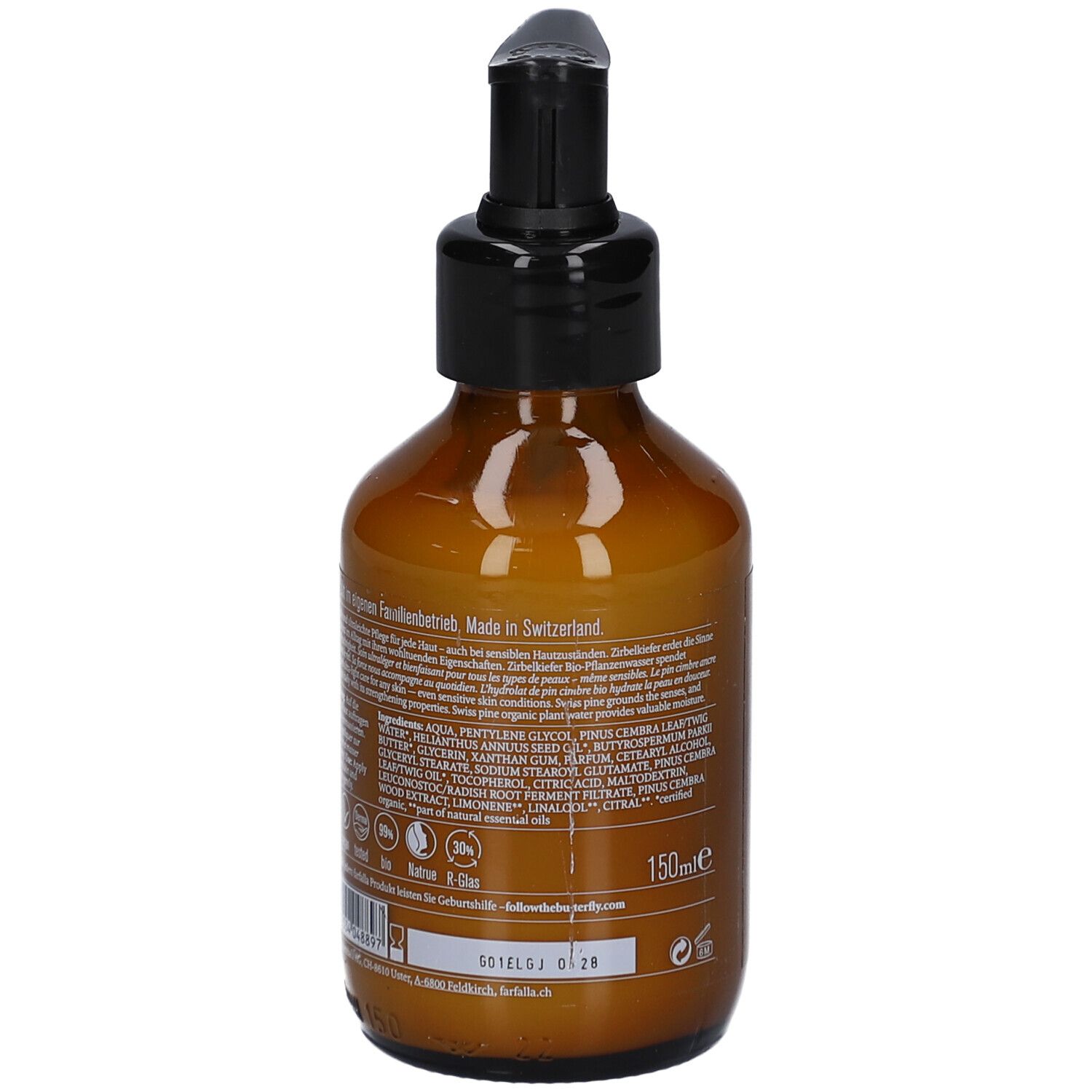 Braune Flasche mit schwarzem Pumpkopf. Rückansicht. Text auf Etikett, darunter 150ml. Produktetikett mit Text.