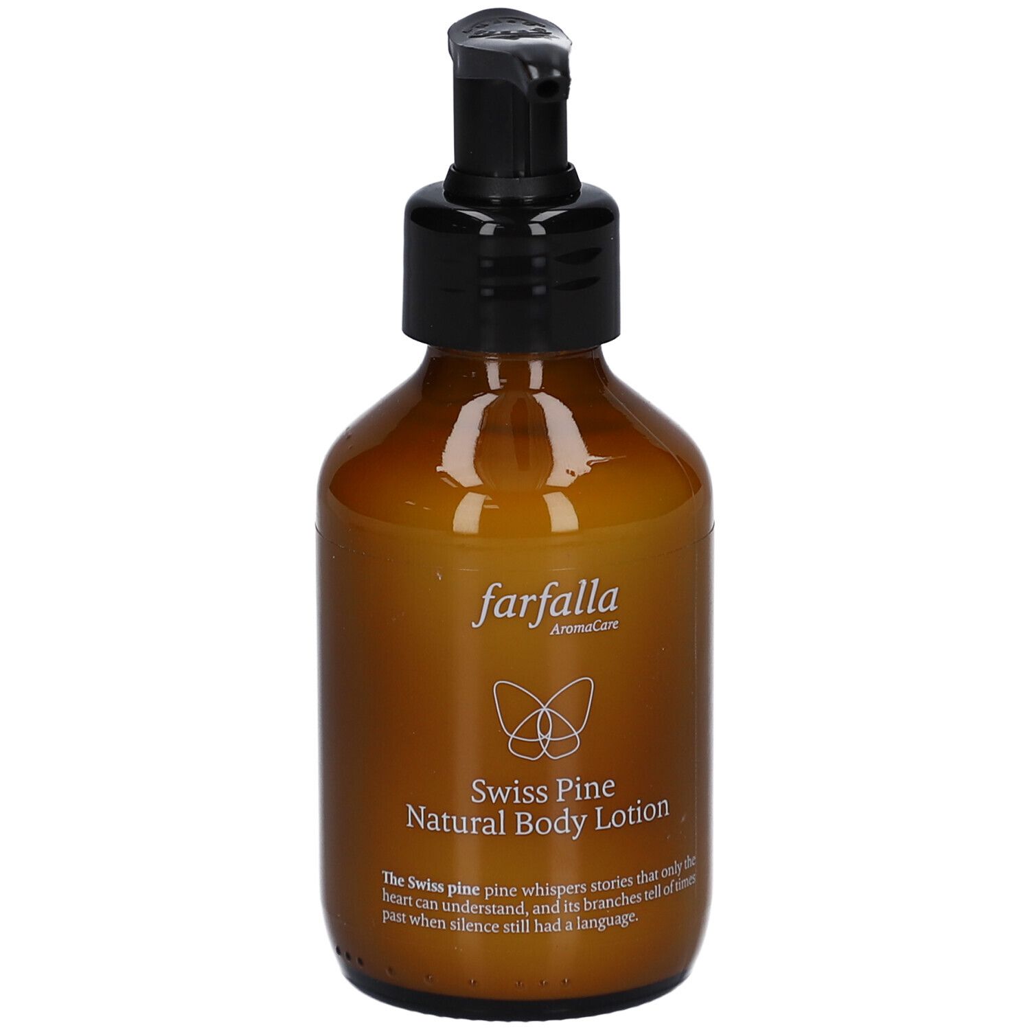 Braune Flasche mit schwarzem Pumpkopf. Aufschrift: Farfalla, Swiss Pine Natural Body Lotion. Produktetikett mit Text und Logo.