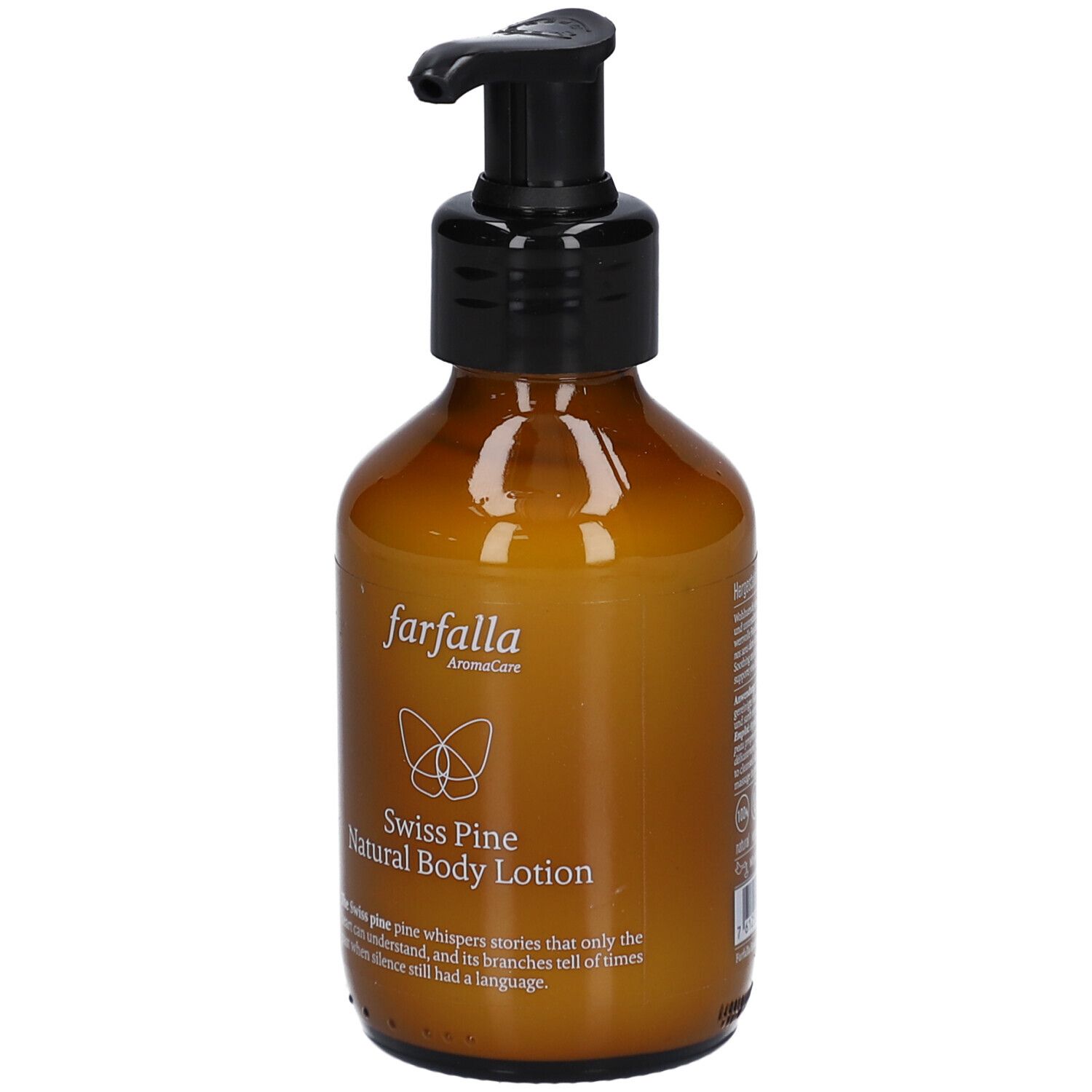 Braune Flasche mit schwarzem Pumpkopf. Aufschrift: Farfalla, Swiss Pine Natural Body Lotion. Produktetikett mit Text und Logo.