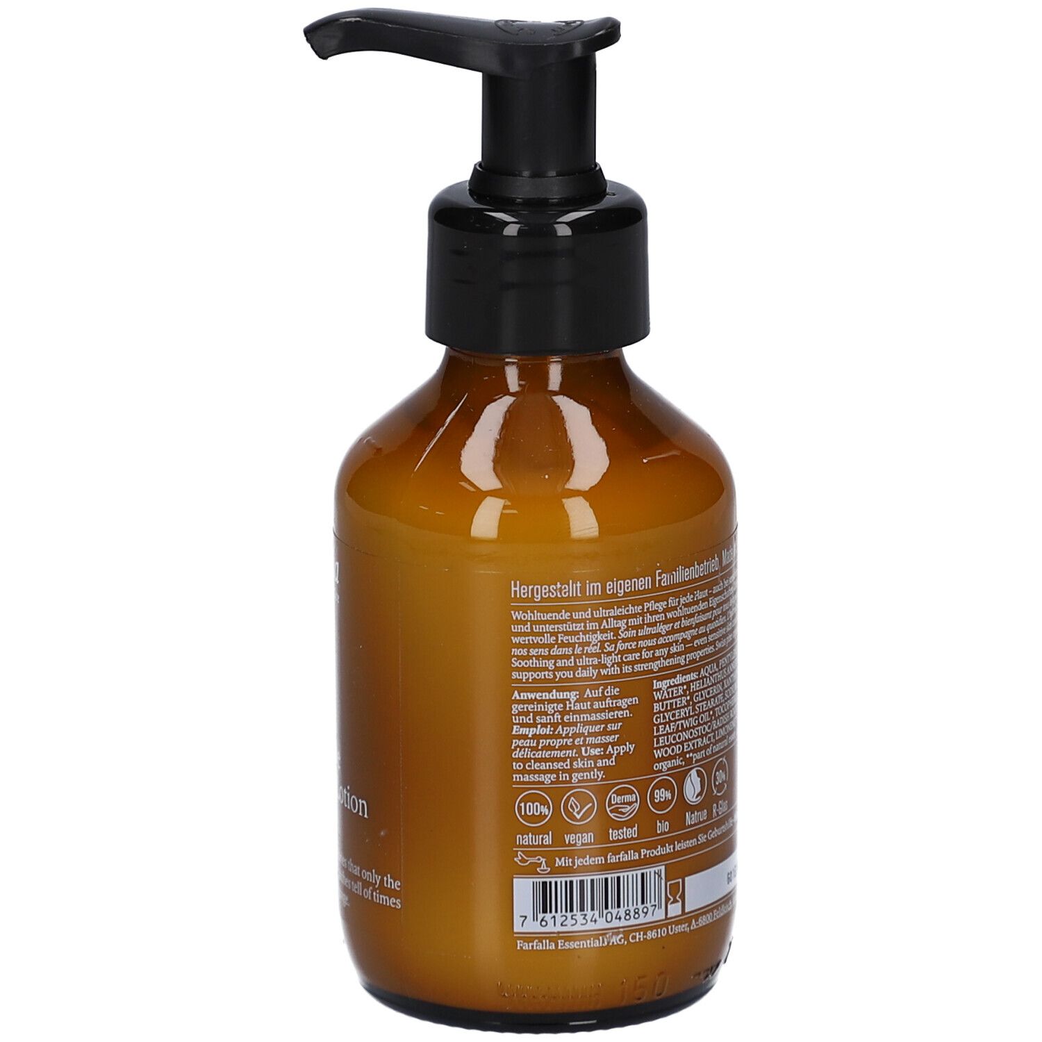 Braune Flasche mit schwarzem Pumpkopf. Rückansicht. Text auf Etikett. Produktetikett mit Text und Logos.