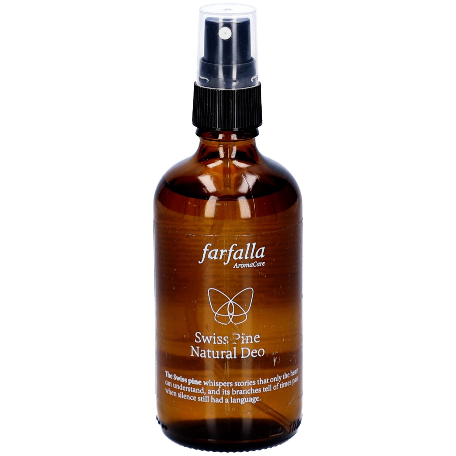Braune Glasflasche mit Zerstäuber. Aufschrift: farfalla AromaCare, Swiss Pine Natural Deo. Mit Text und Logo.