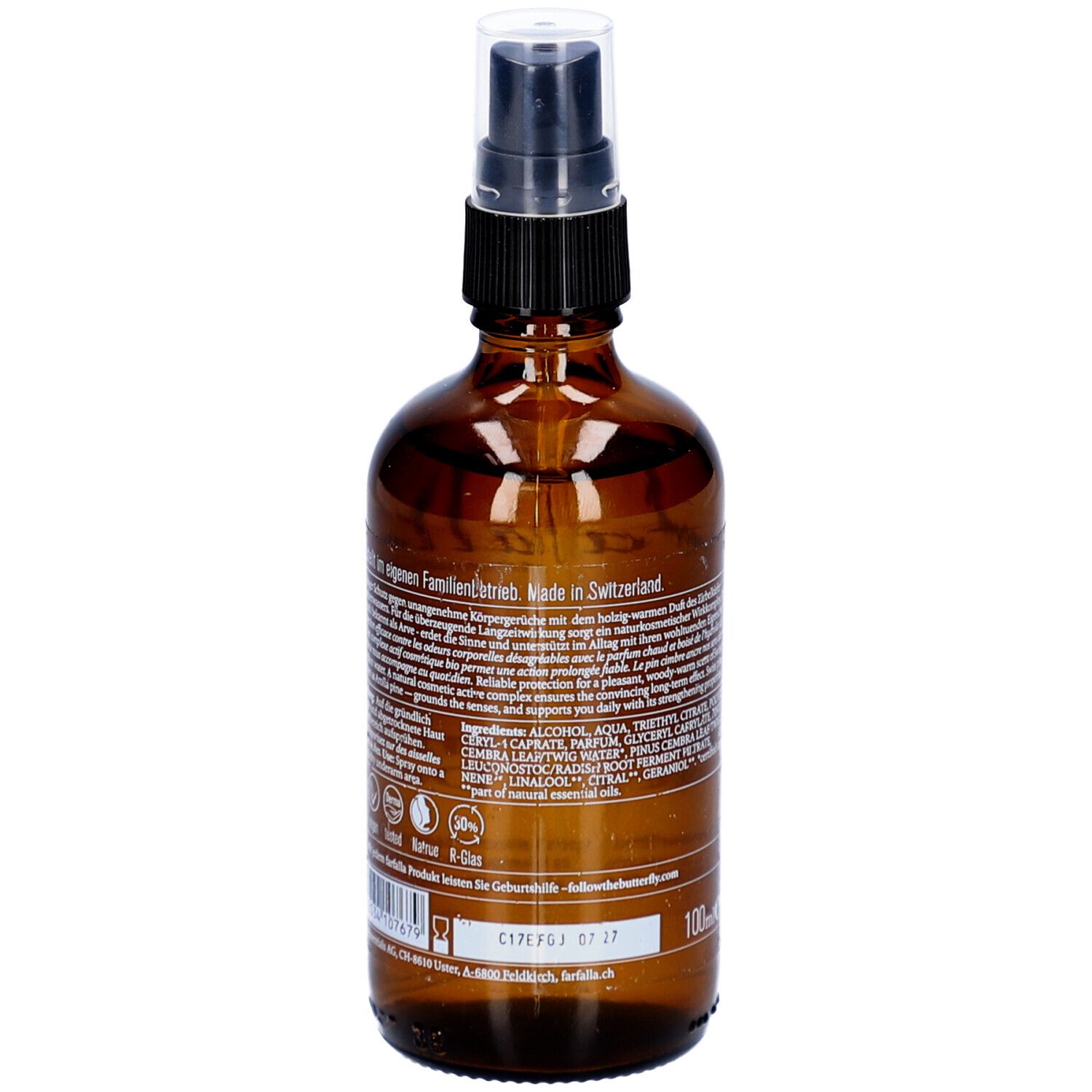 Braune Glasflasche mit Zerstäuber. Rückseite mit Text, Inhaltsstoffen und Chargennummer. 100ml.