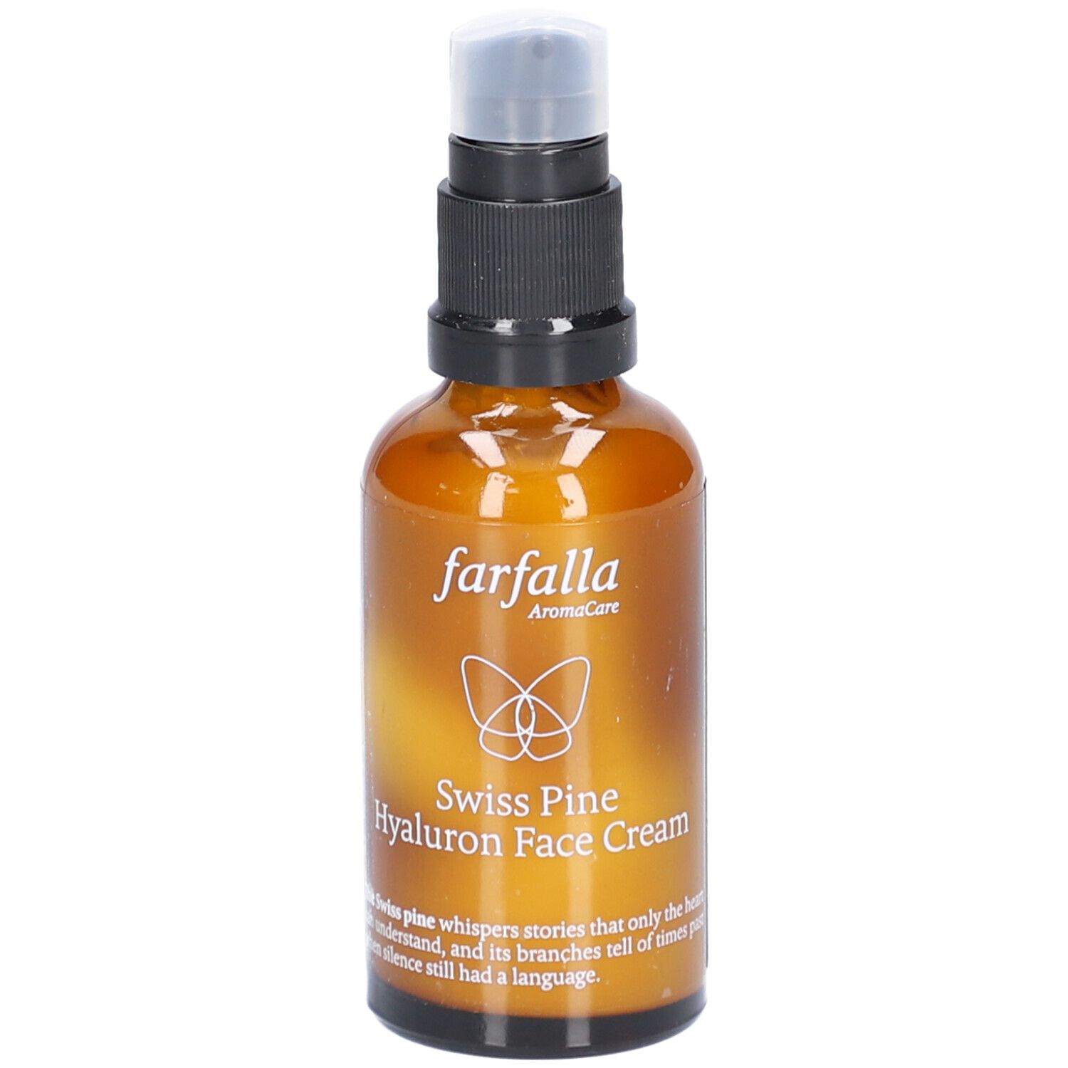 Flacon en verre brun avec pompe. Inscription: Farfalla Swiss Pine Hyaluron Face Cream. Logo: papillon.