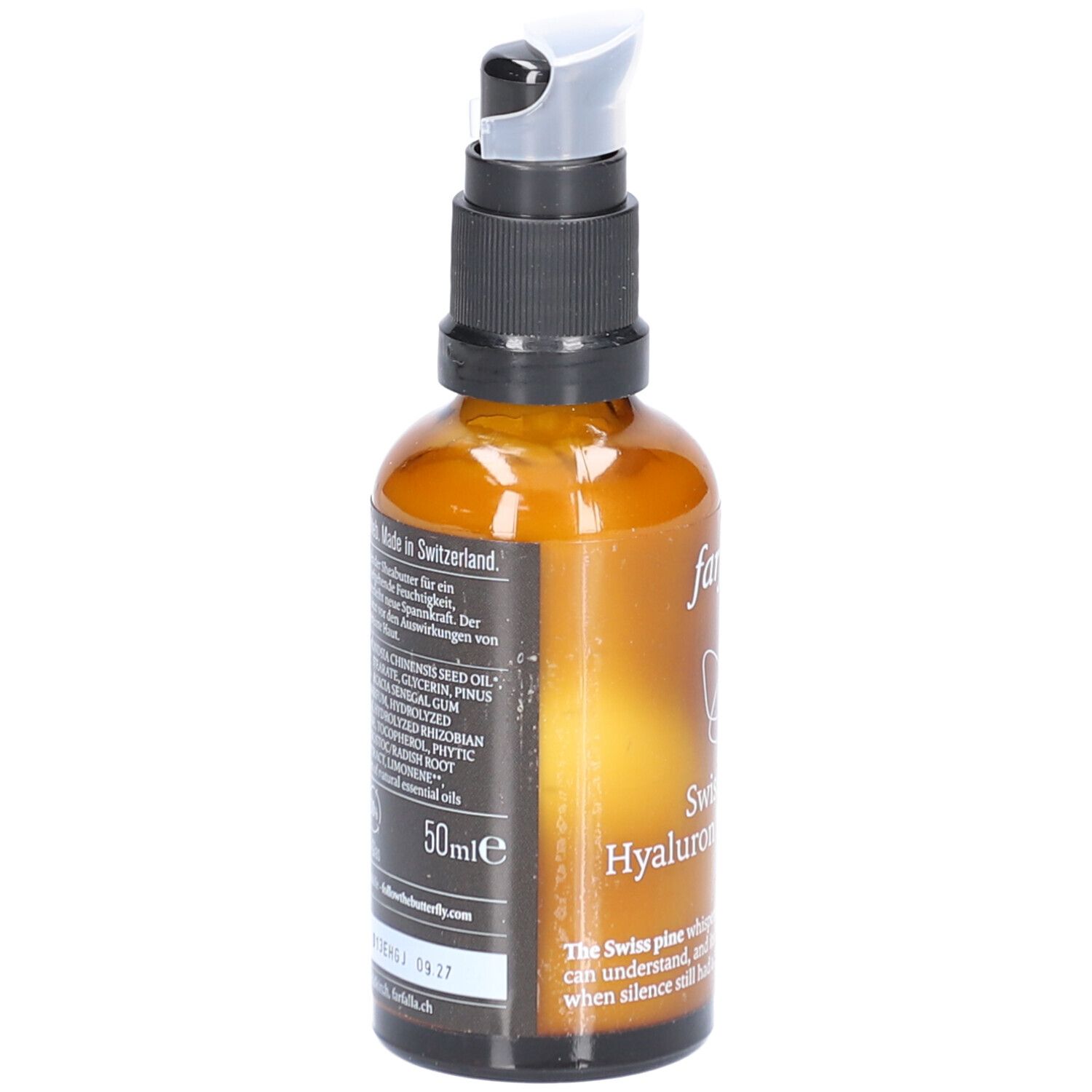 Flacon en verre brun avec pompe. Inscription: Farfalla Swiss Pine Hyaluron Face Cream. Étiquette avec ingrédients et volume.