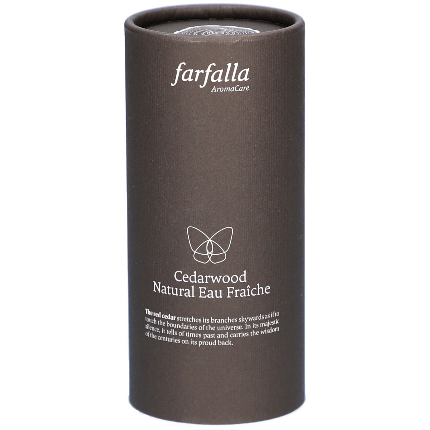 Braune zylindrische Verpackung. Oben: farfalla AromaCare. Unten: Cedarwood Natural Eau Fraiche. Text und Schmetterling-Logo.
