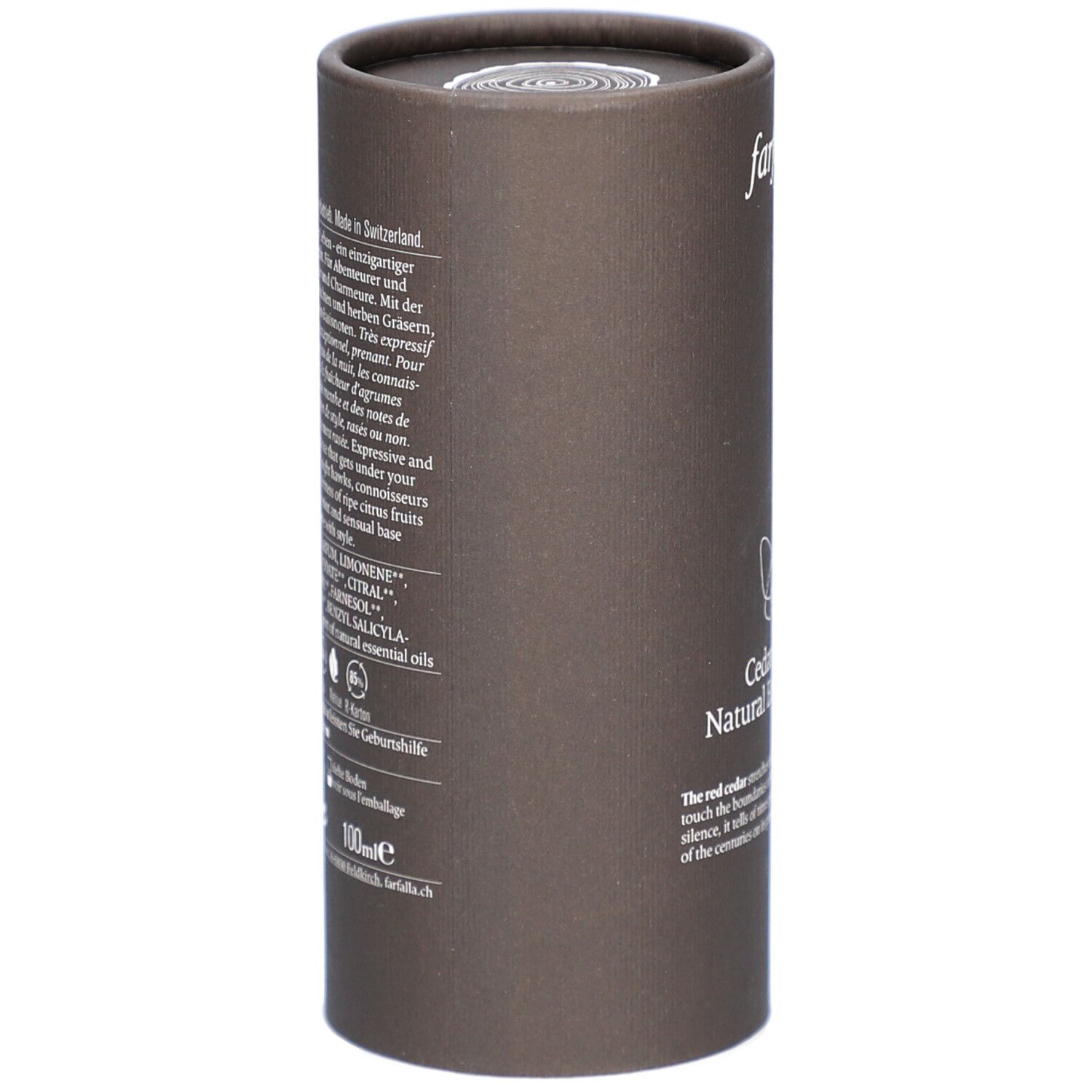 Braune zylindrische Verpackung. Text in Deutsch und Französisch. Unten: 100ml. Aufschrift: Made in Switzerland.
