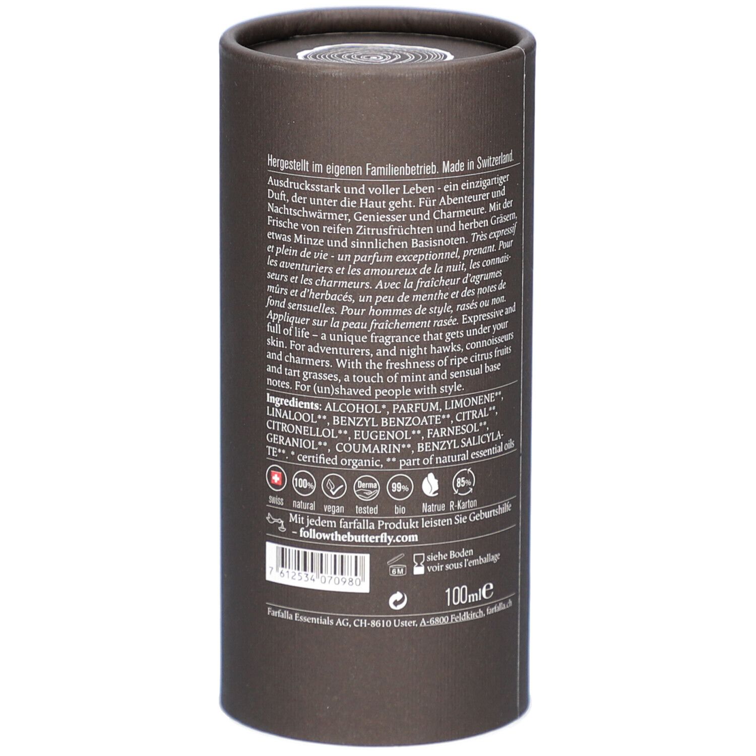 Braune zylindrische Verpackung. Text in Deutsch. Inhaltsstoffe und Logos. Unten: 100ml. Aufschrift: Made in Switzerland.