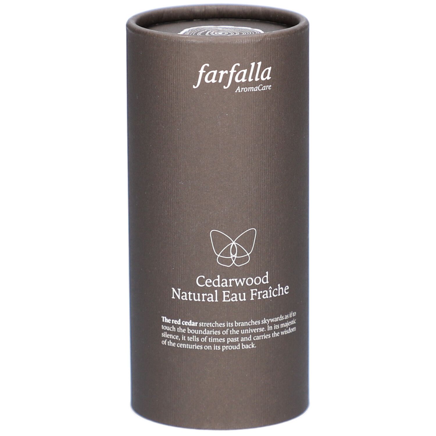 Braune zylindrische Verpackung. Oben: farfalla AromaCare. Unten: Cedarwood Natural Eau Fraiche. Text und Schmetterling-Logo.