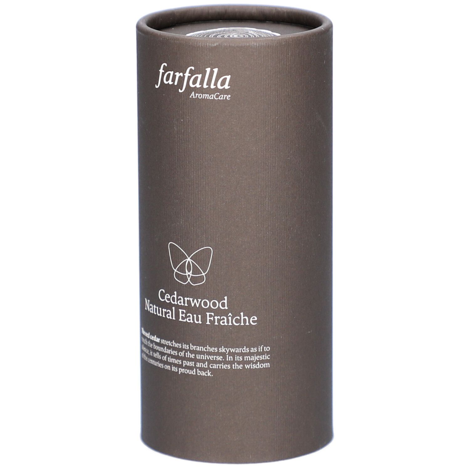 Braune zylindrische Verpackung. Oben: farfalla AromaCare. Unten: Cedarwood Natural Eau Fraiche. Text und Schmetterling-Logo.