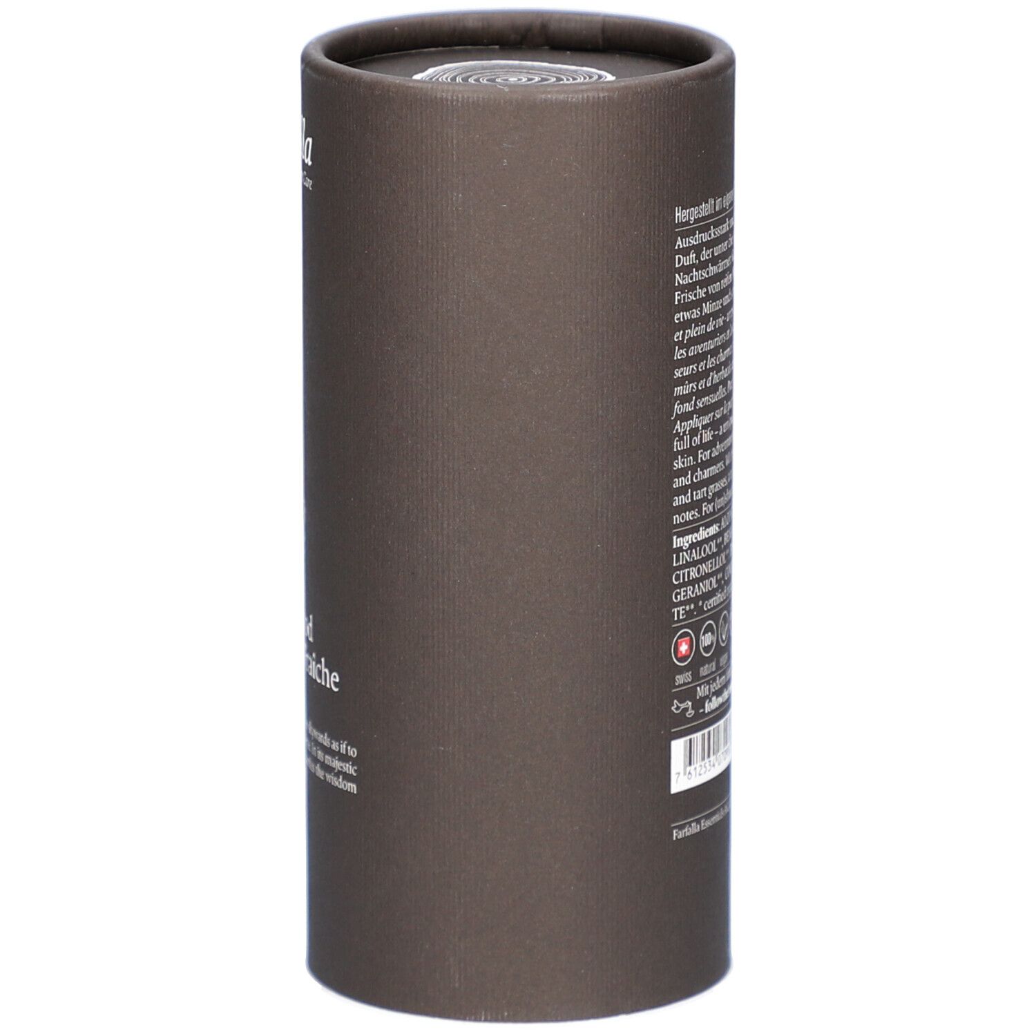 Braune zylindrische Verpackung. Text in Deutsch. Inhaltsstoffe und Logos. Unten: 100ml. Aufschrift: Made in Switzerland.